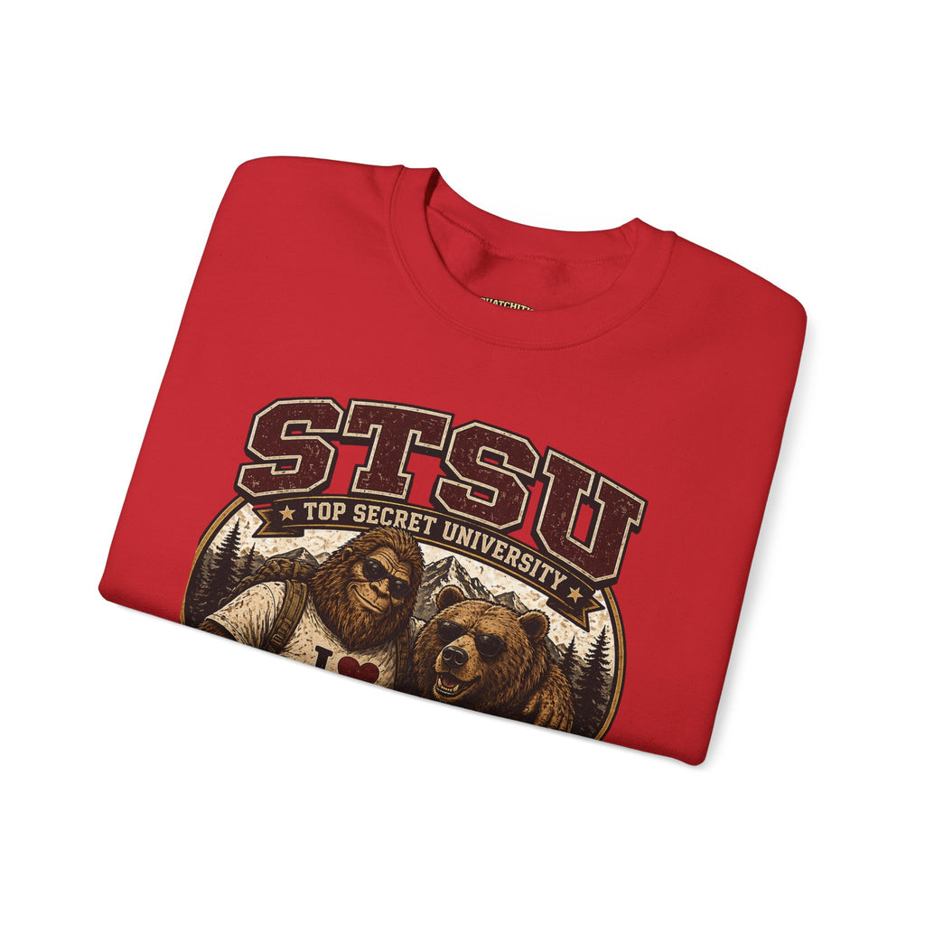 Squatchitis Top Secret University Bigfoot& Bear Crewneck Sweatshirt