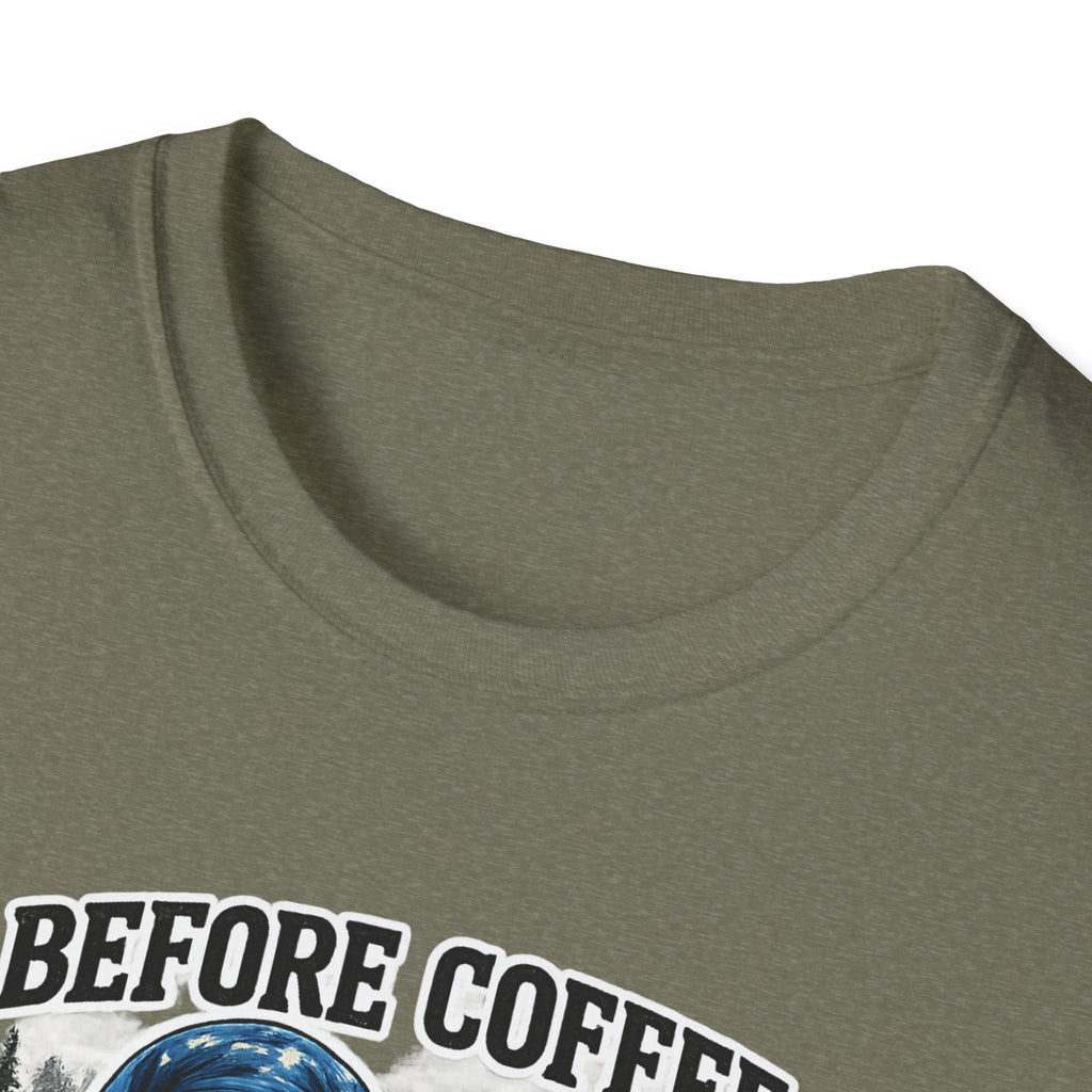 Bigfoot Holding Coffee T-Shirt — "Before Coffee We Are All Humans"