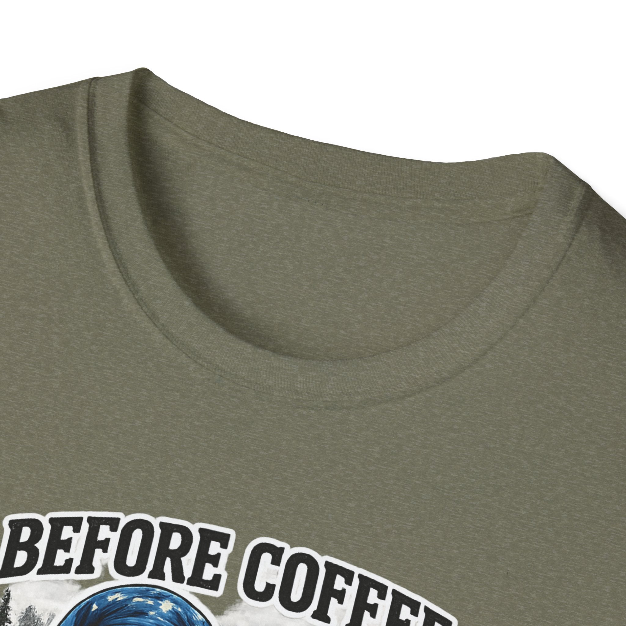Bigfoot Holding Coffee T-Shirt — "Before Coffee We Are All Humans"