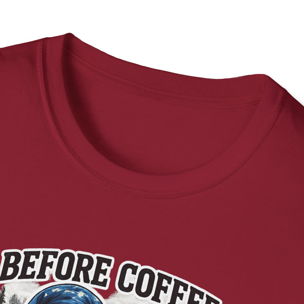 Bigfoot Holding Coffee T-Shirt — "Before Coffee We Are All Humans"