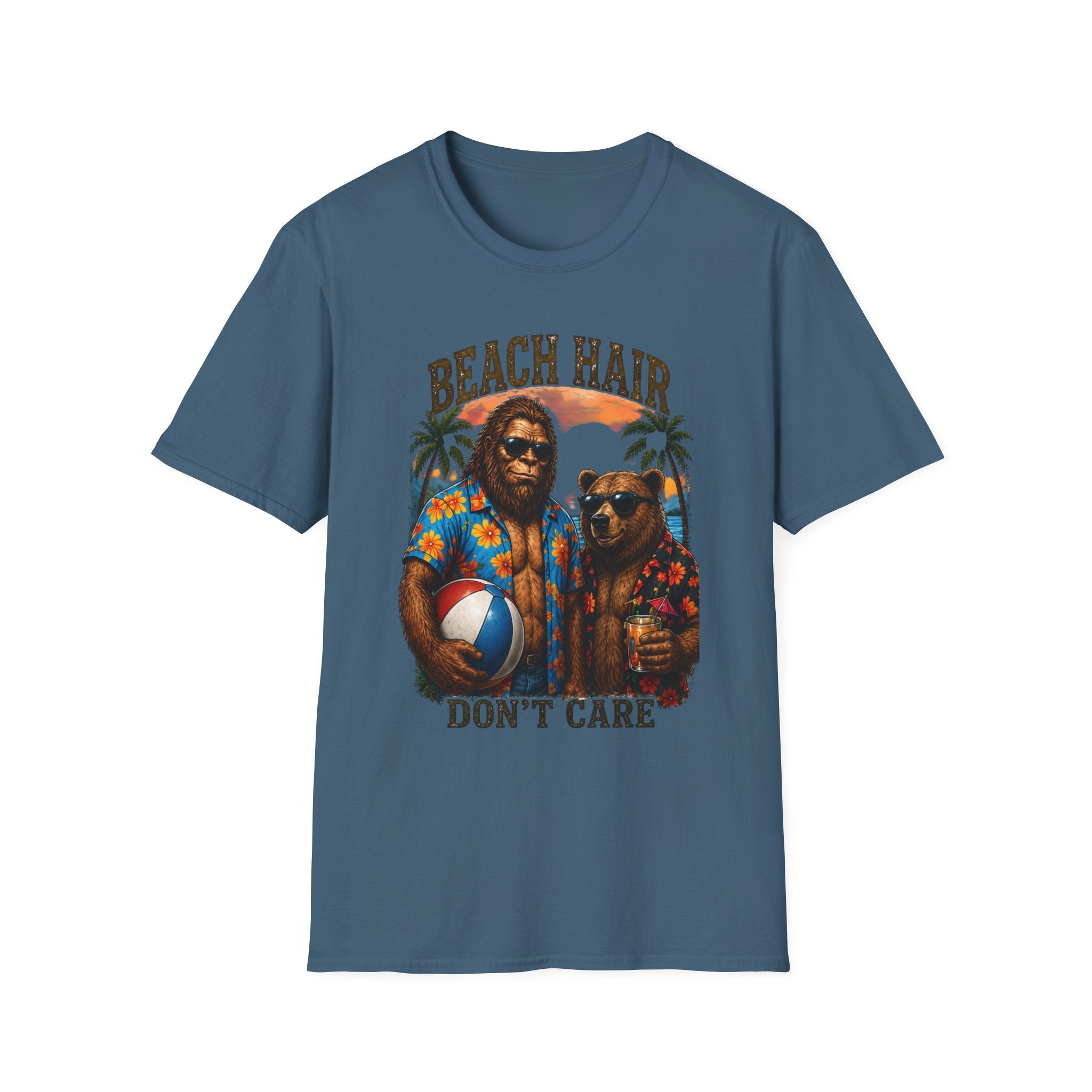 Bigfoot Beach Shirt T-Shirt — "Beach Hair Don't Care" with Hawaiian Bigfoot & Bear