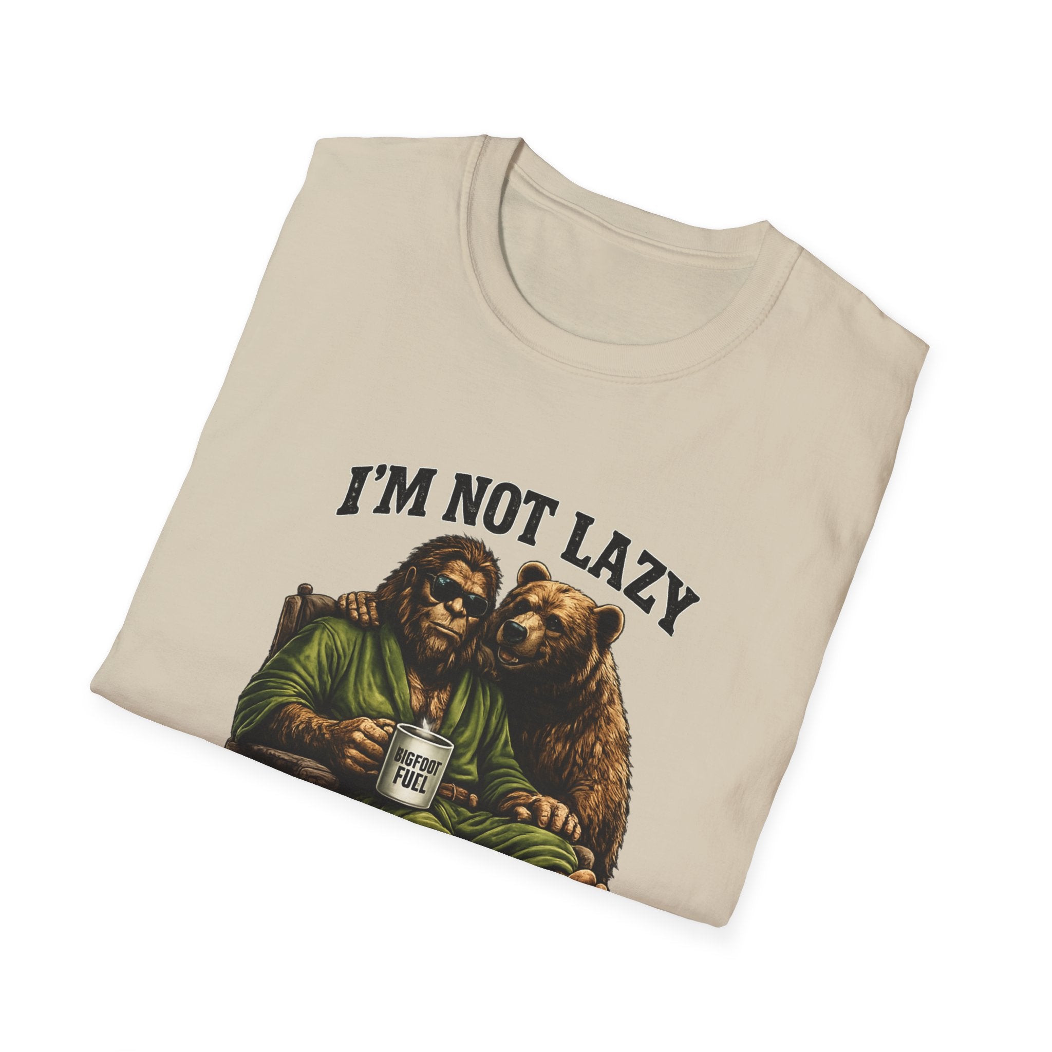 Squatch Mode Bigfoot with Coffee T-Shirt | Sasquatch Sitting with Bear Buddy