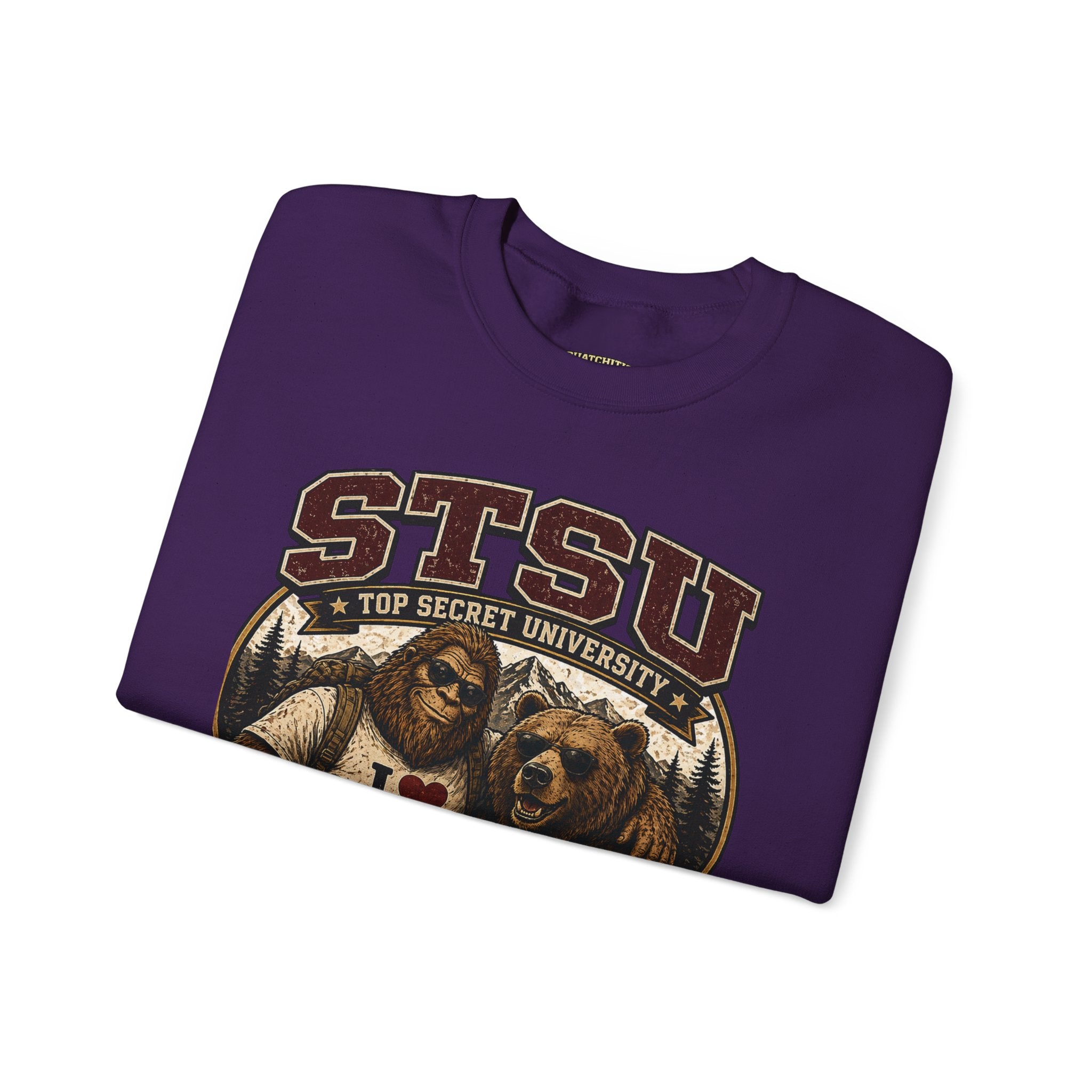 Squatchitis Top Secret University Bigfoot& Bear Crewneck Sweatshirt