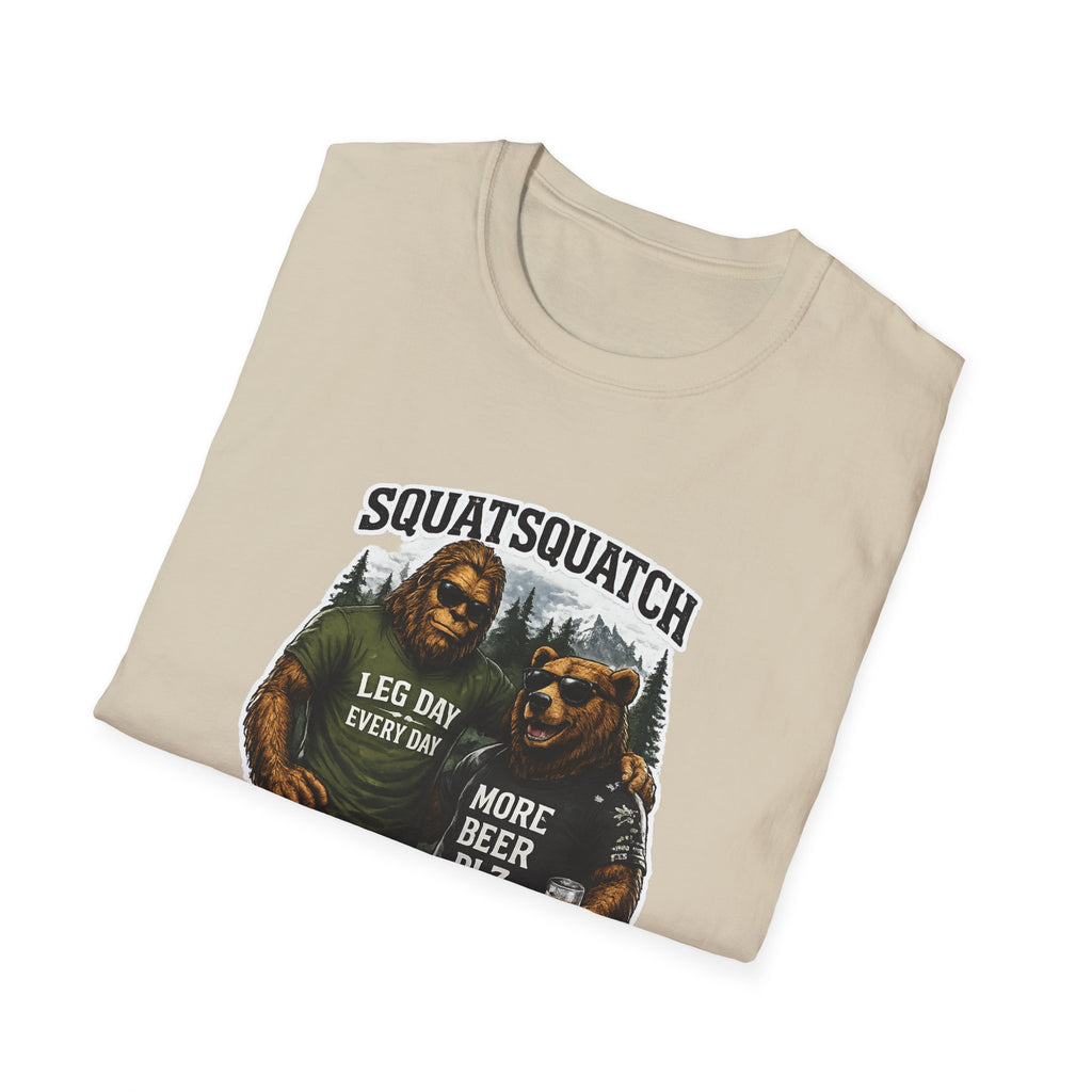 Bigfoot Leg Day T-Shirt — "Squat Squatch" Gym Humor with Beer Buddy