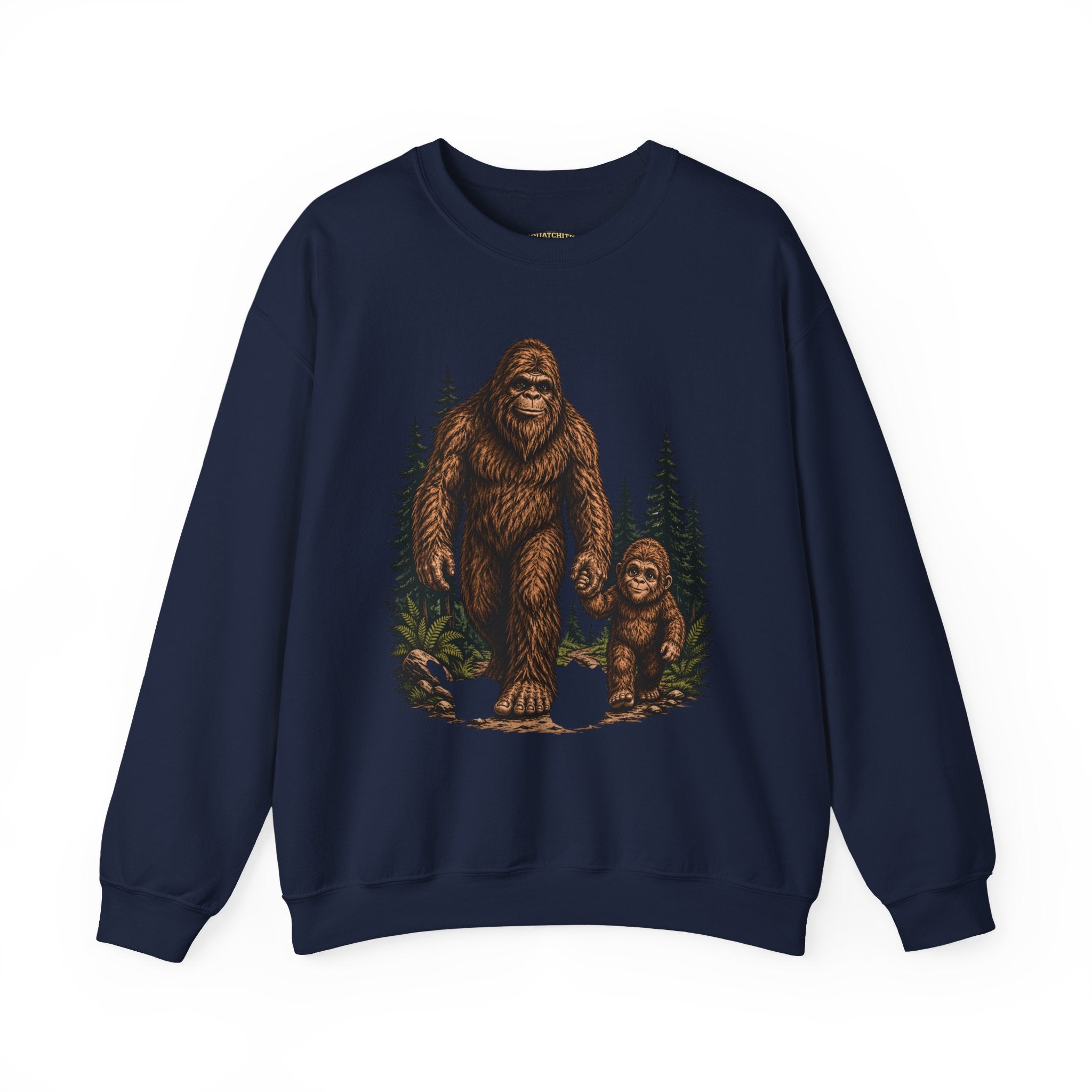 Bigfoot and Boy Walking Through Woods Sweatshirt | Sasquatch Woodland Design
