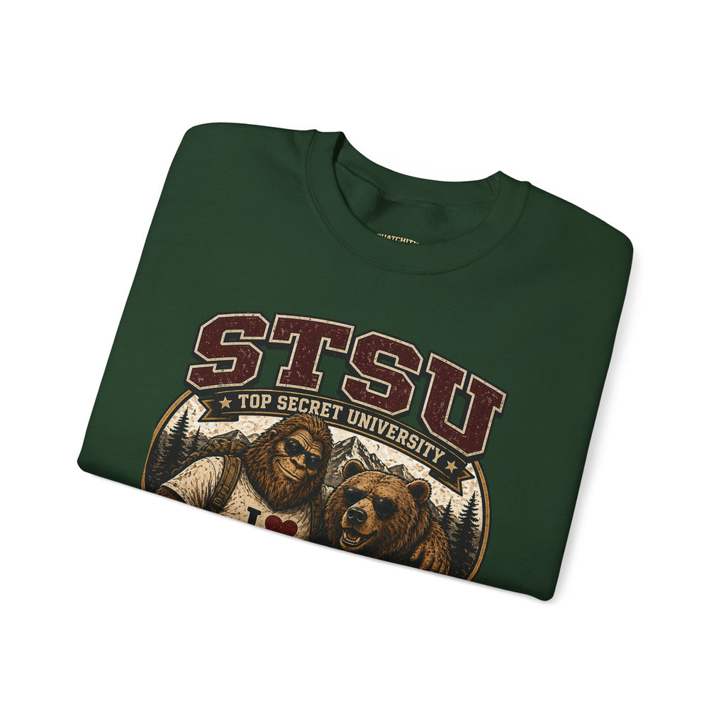 Squatchitis Top Secret University Bigfoot& Bear Crewneck Sweatshirt