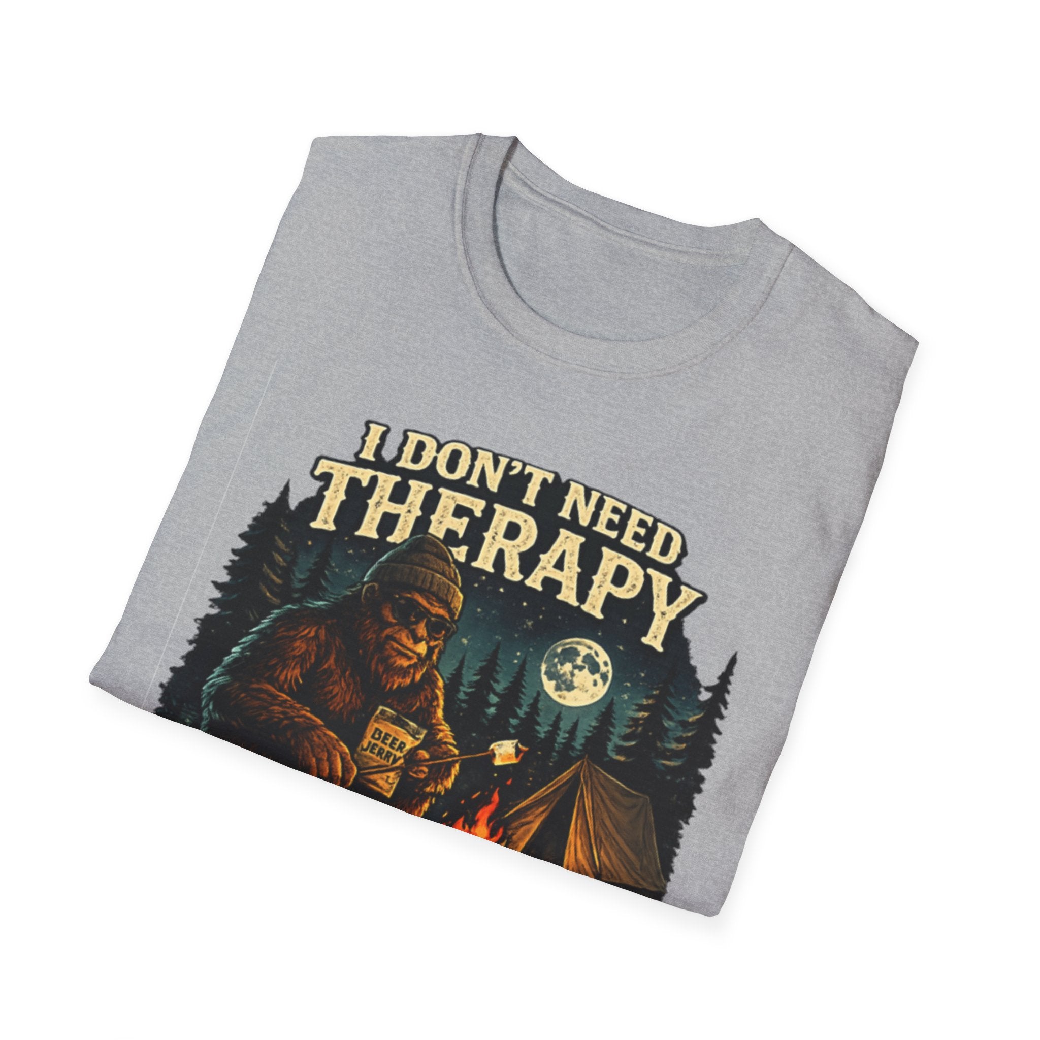 Bigfoot Camping T-Shirt — "I Don't Need Therapy, I Just Need to Go Camping"