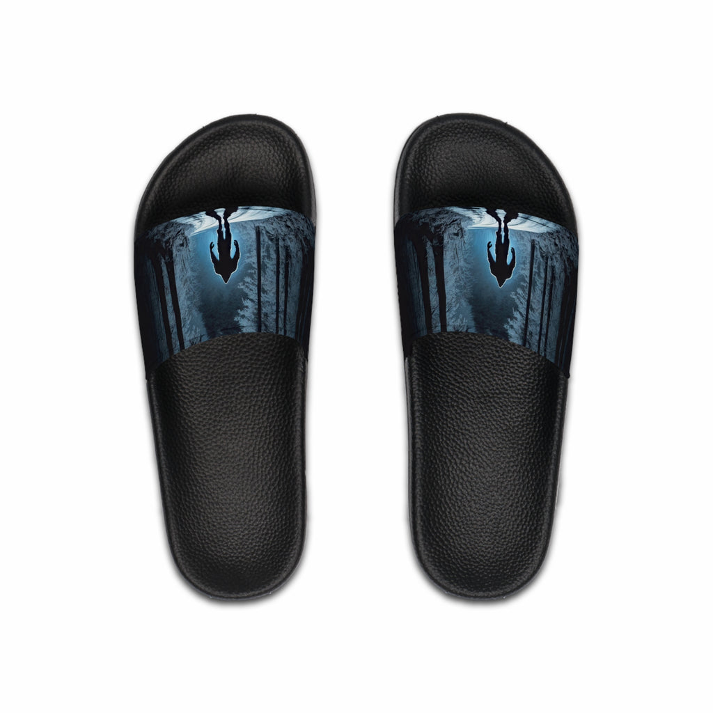 Bigfoot Moonlight Walk Men's Slide Sandals | Sasquatch Woodland Silhouette