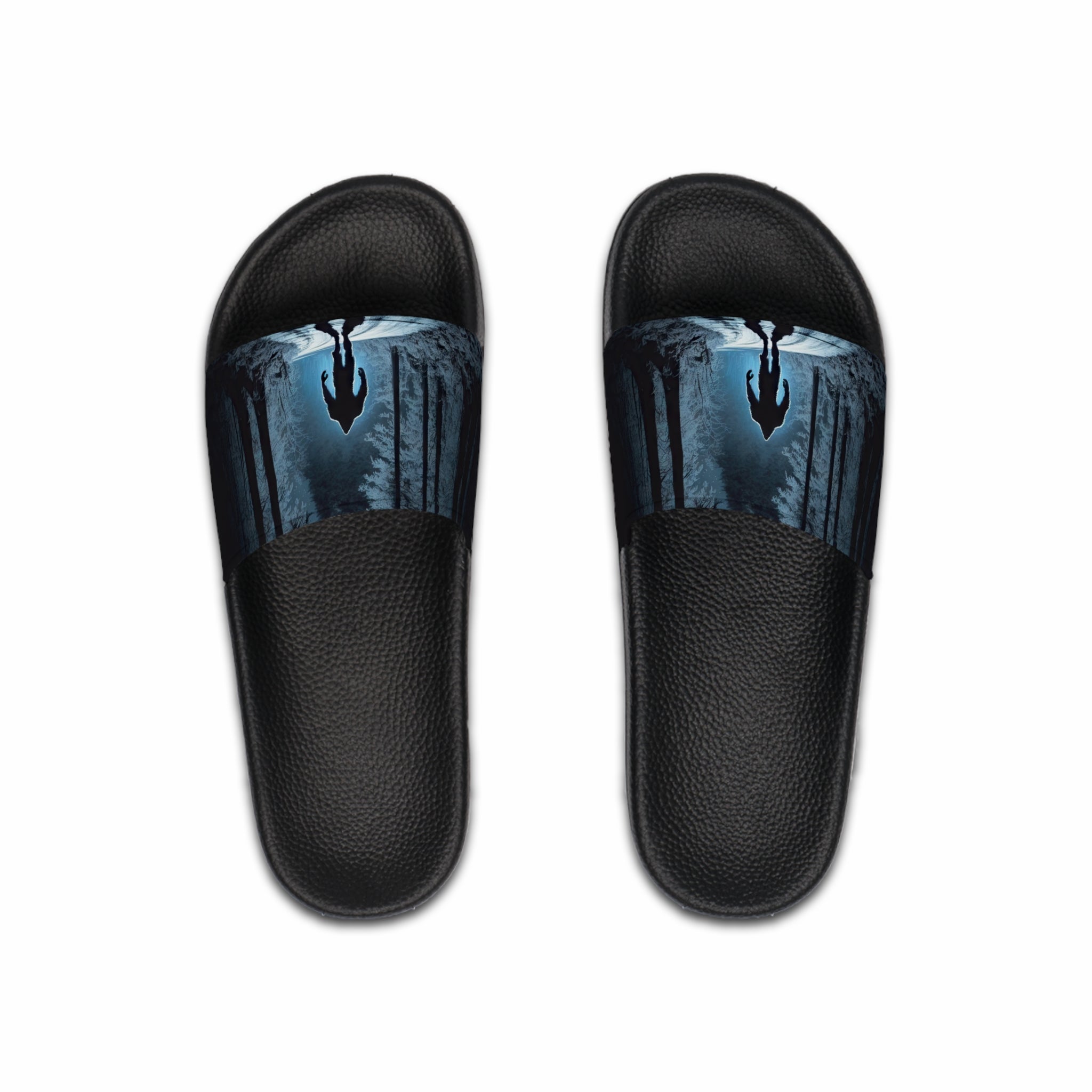 Bigfoot Moonlight Walk Men's Slide Sandals | Sasquatch Woodland Silhouette