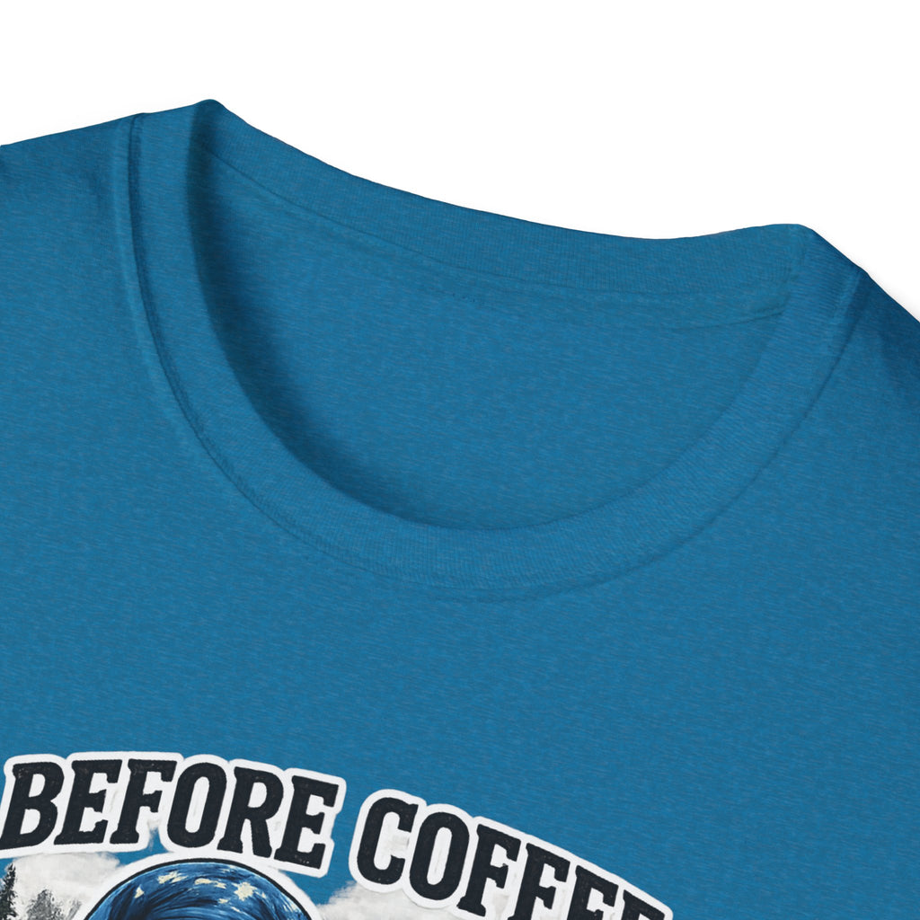 Bigfoot Holding Coffee T-Shirt — "Before Coffee We Are All Humans"