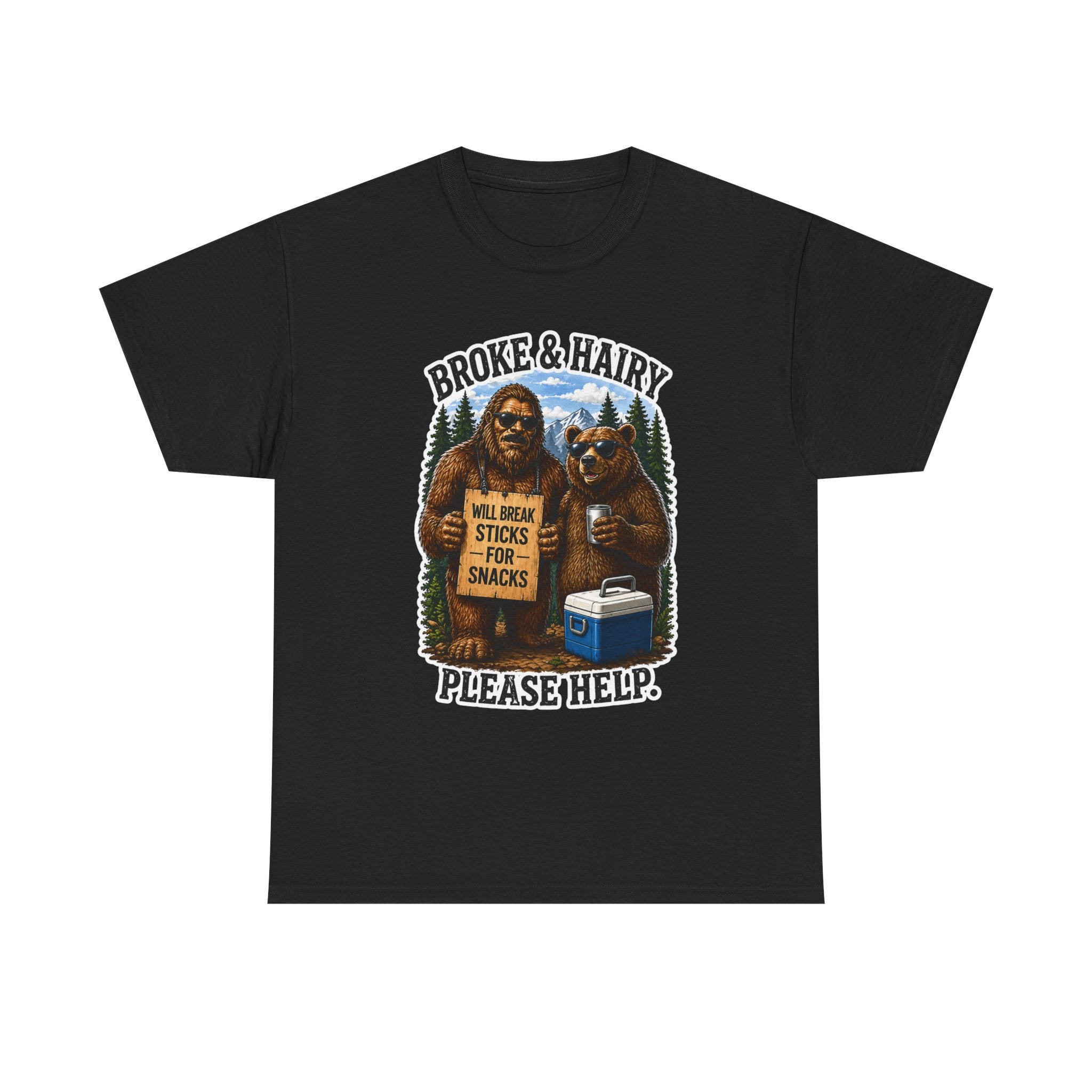 Broke and Harry Bigfoot and Bear Asking for Help T-Shirt | Cartoon Woodland Funny