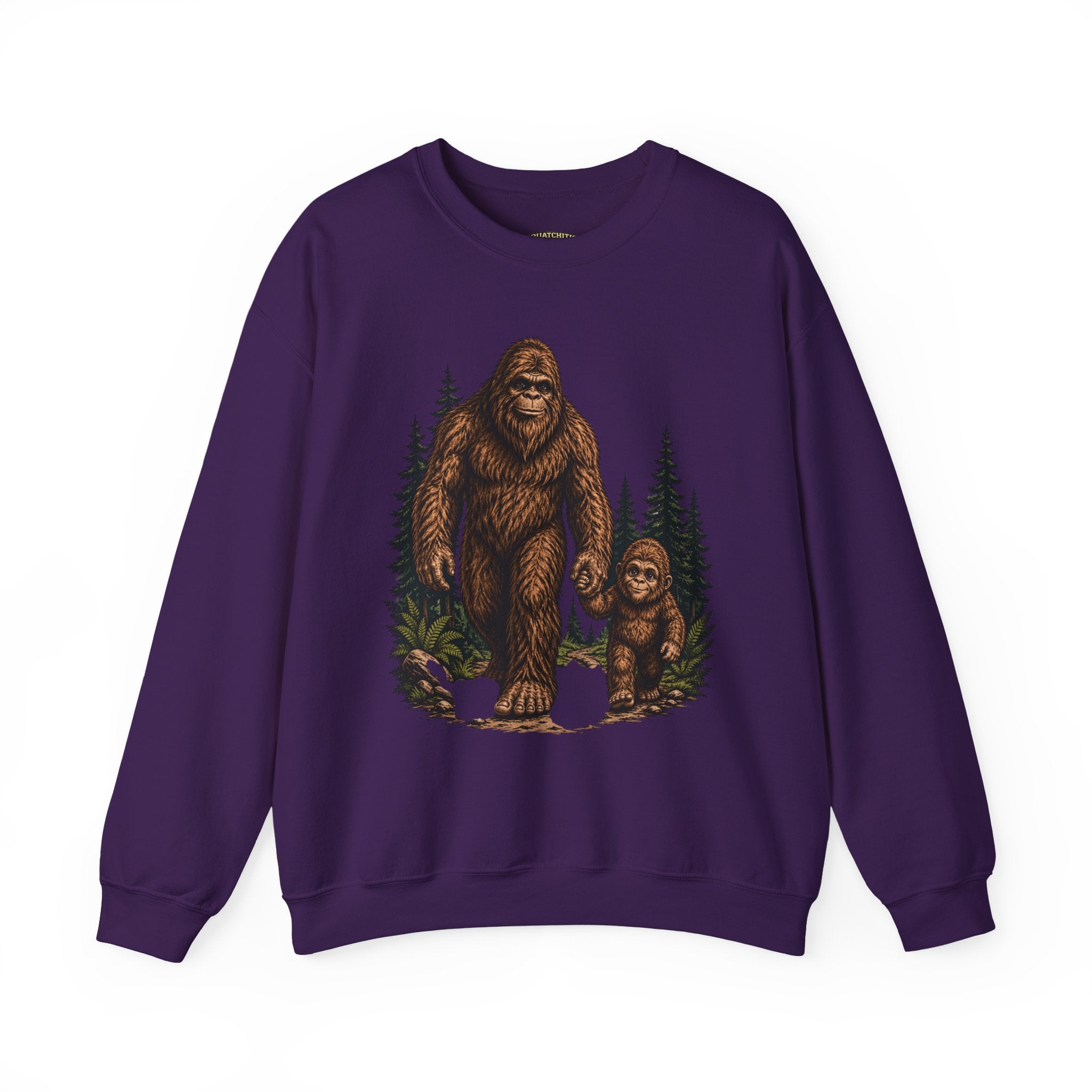 Bigfoot and Boy Walking Through Woods Sweatshirt | Sasquatch Woodland Design