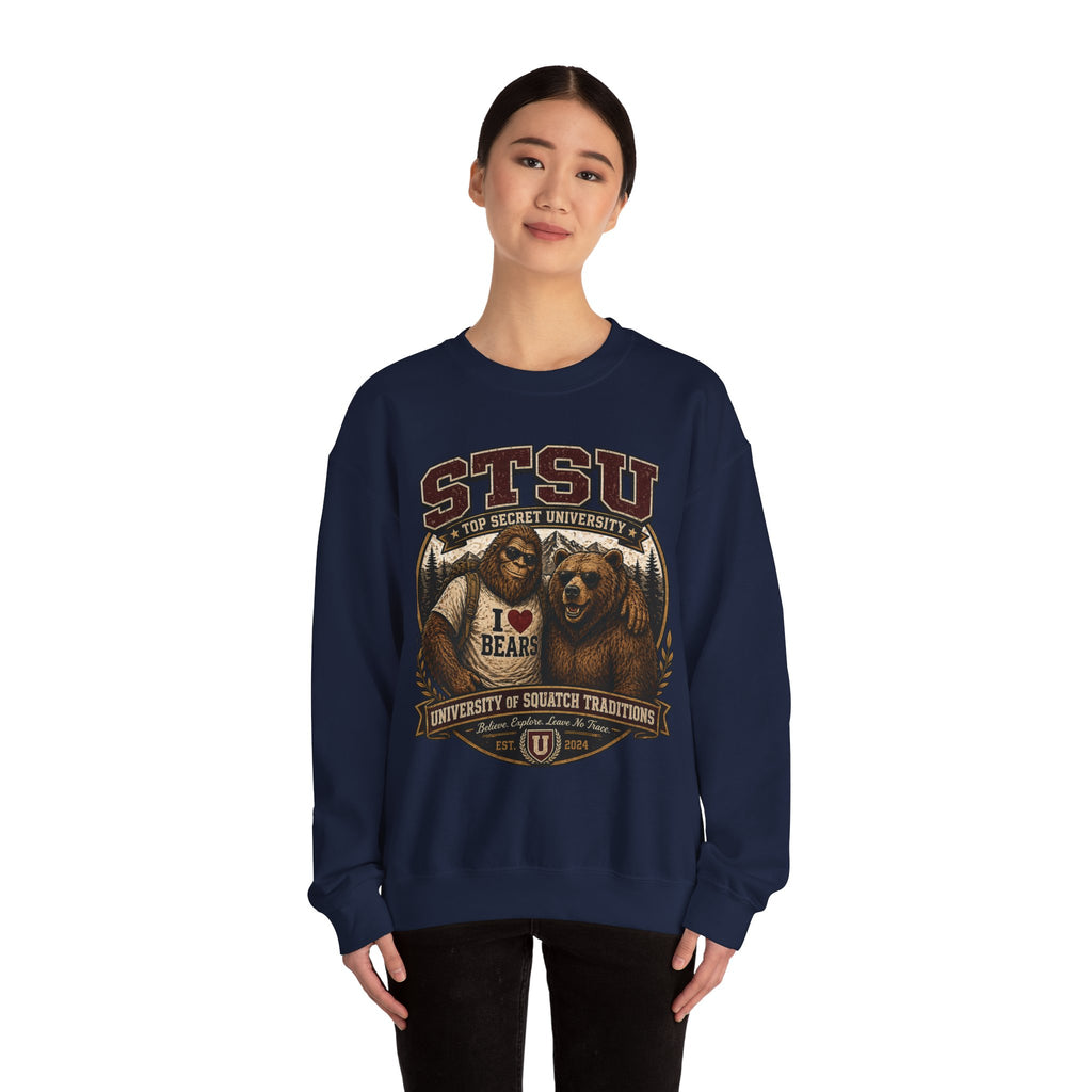Squatchitis Top Secret University Bigfoot& Bear Crewneck Sweatshirt