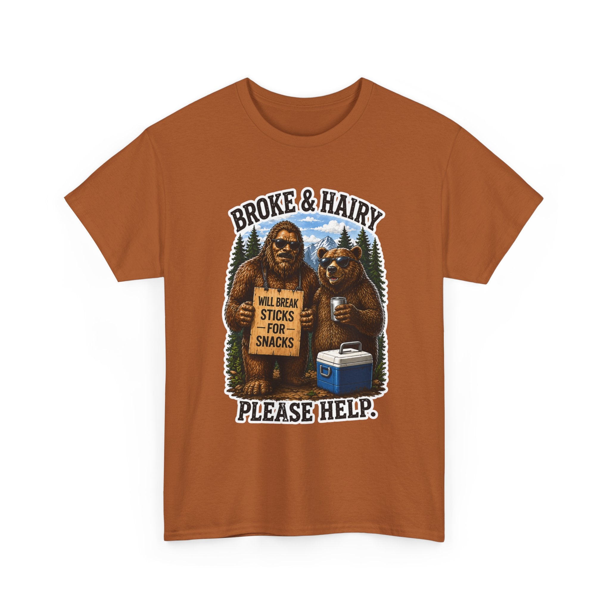 Broke and Harry Bigfoot and Bear Asking for Help T-Shirt | Cartoon Woodland Funny