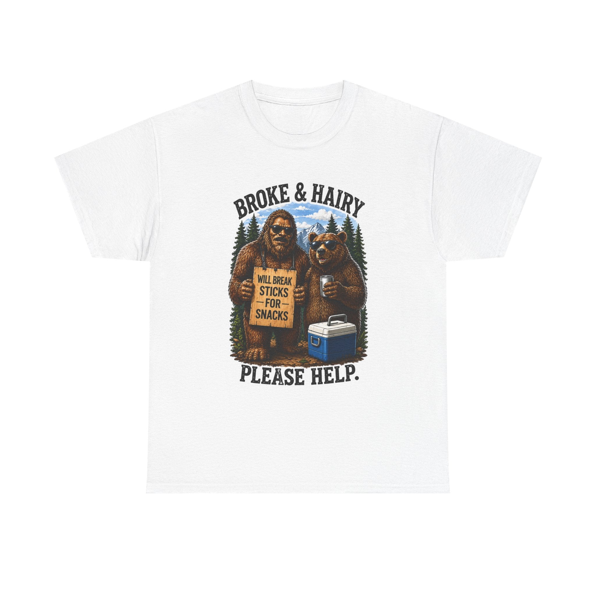 Broke and Harry Bigfoot and Bear Asking for Help T-Shirt | Cartoon Woodland Funny