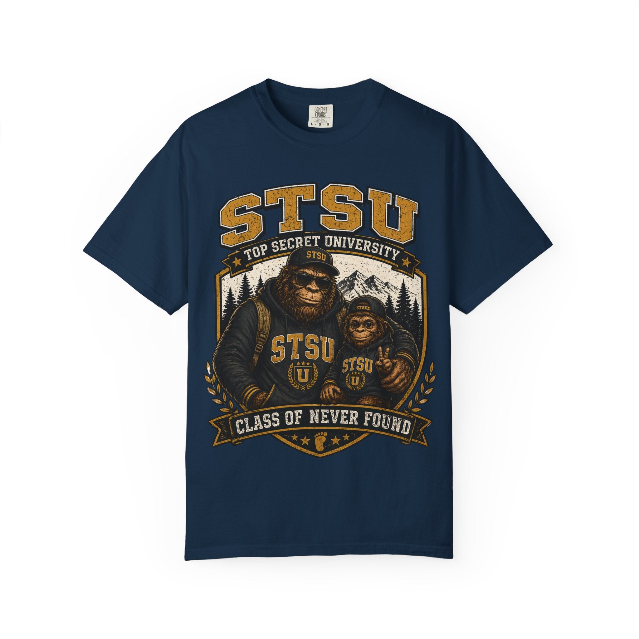 Bigfoot Sasquatch & son University  Shirt | Squatchitis Top Secret College Tee