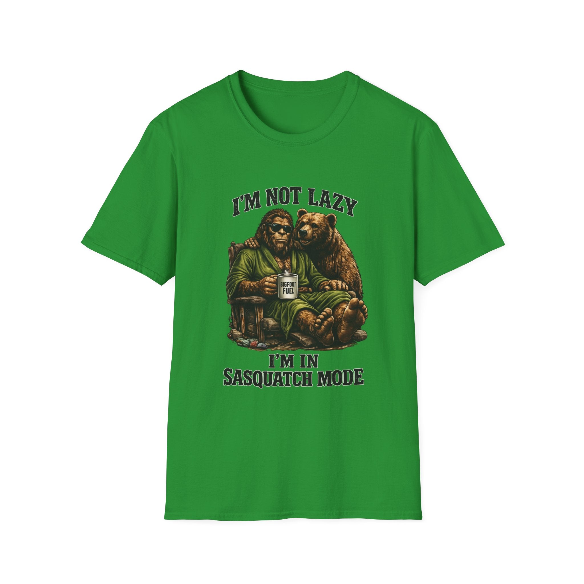 Squatch Mode Bigfoot with Coffee T-Shirt | Sasquatch Sitting with Bear Buddy