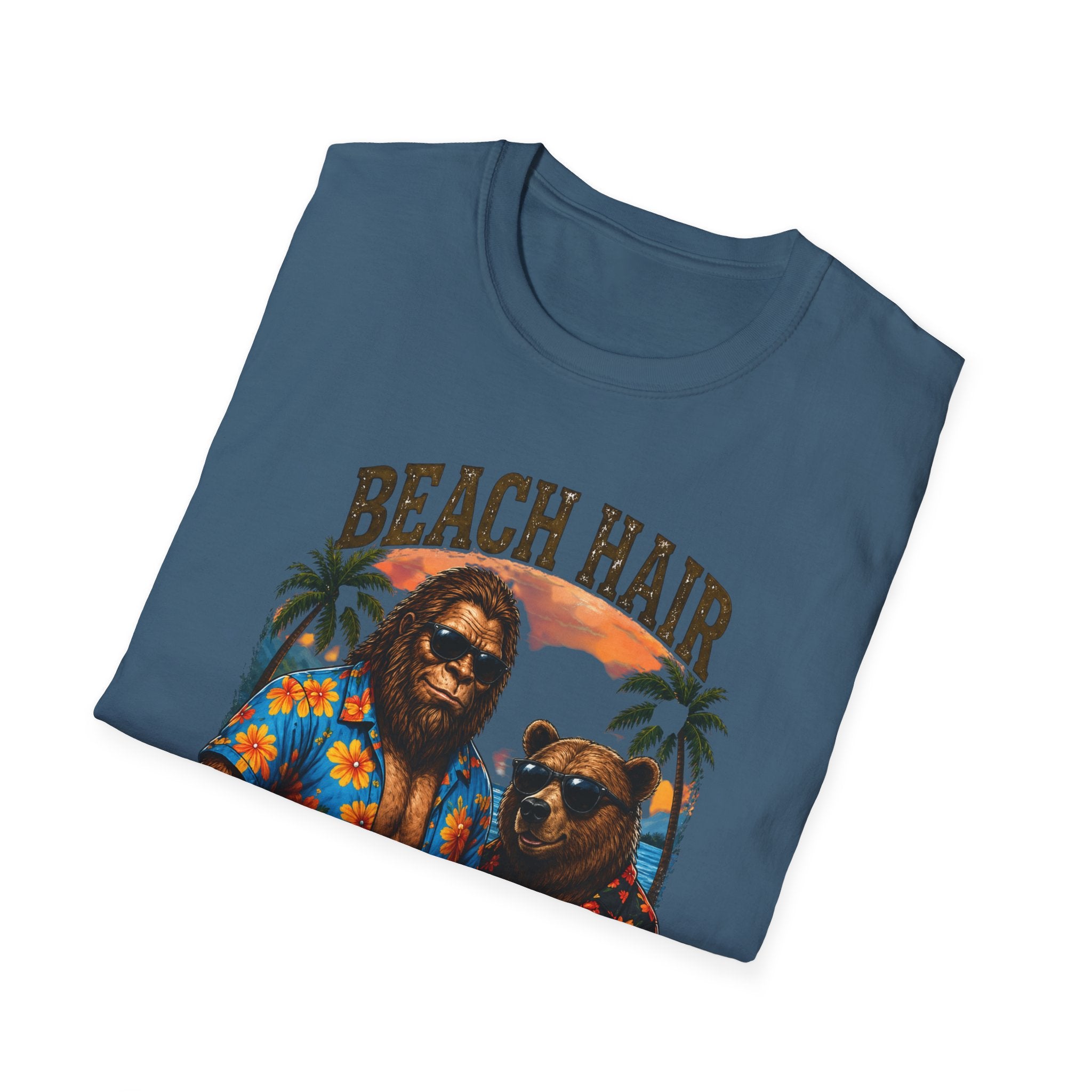Bigfoot Beach Shirt T-Shirt — "Beach Hair Don't Care" with Hawaiian Bigfoot & Bear