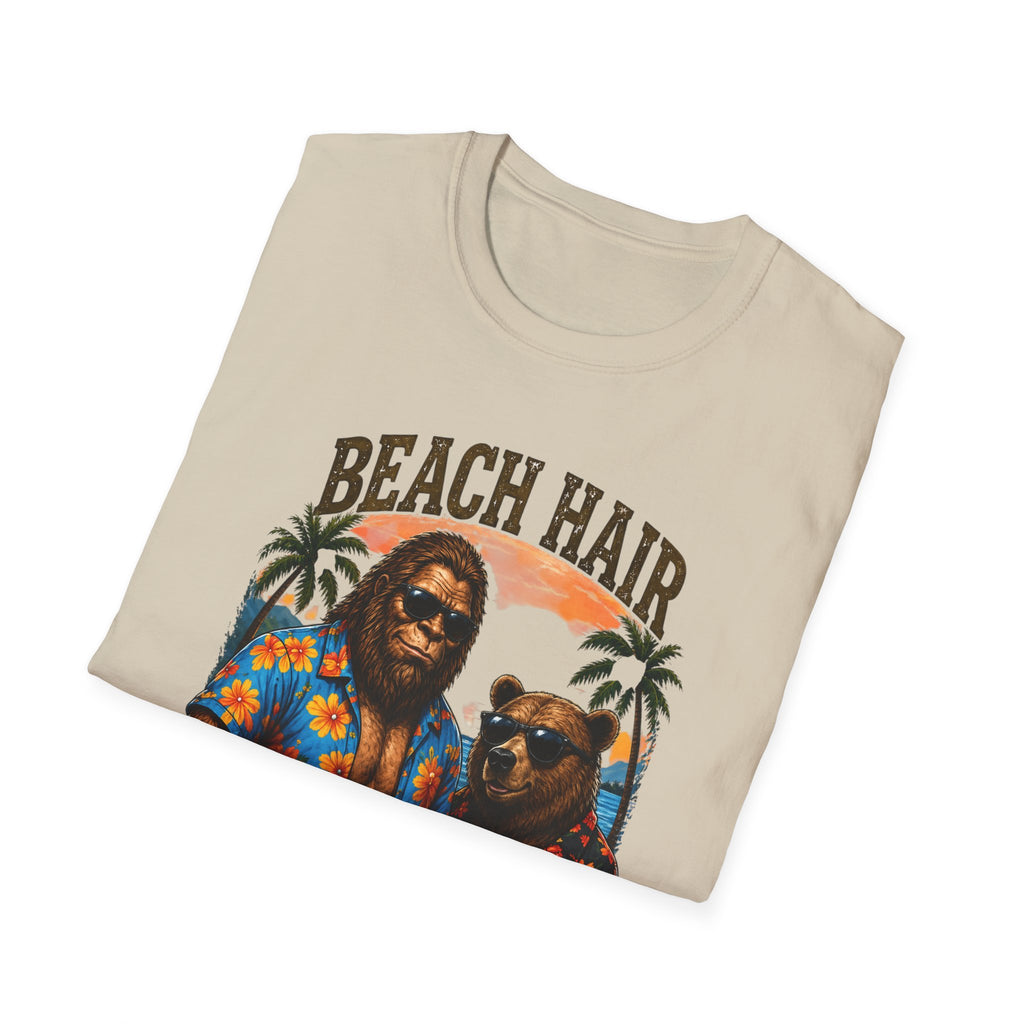 Bigfoot Beach Shirt T-Shirt — "Beach Hair Don't Care" with Hawaiian Bigfoot & Bear