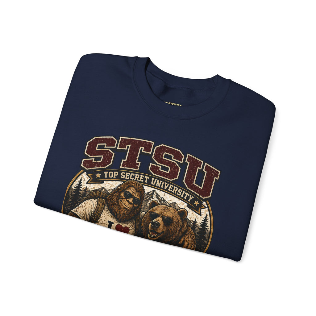 Squatchitis Top Secret University Bigfoot& Bear Crewneck Sweatshirt