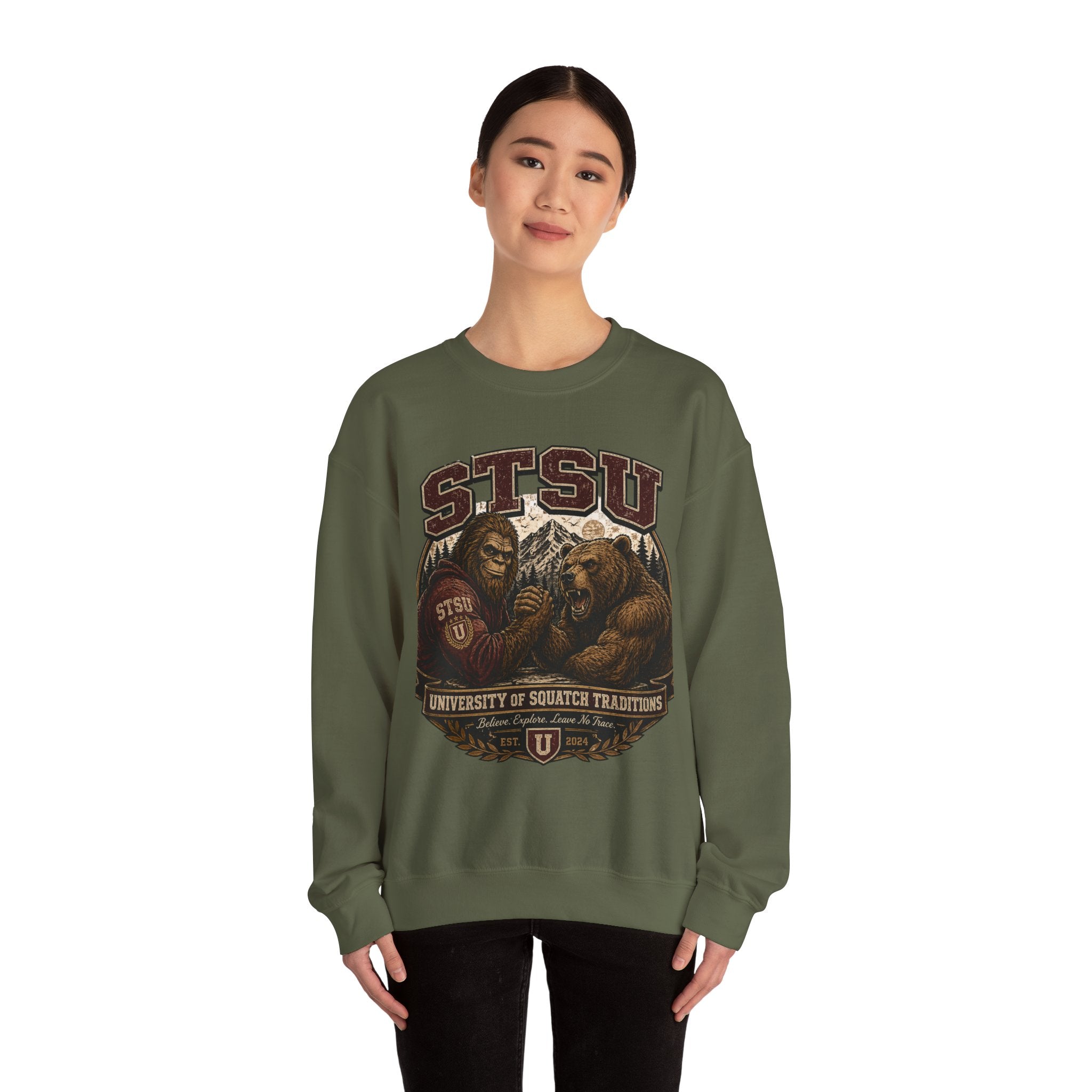 Squatchitis Top Secret University Bigfoot & Bear Crewneck Sweatshirt
