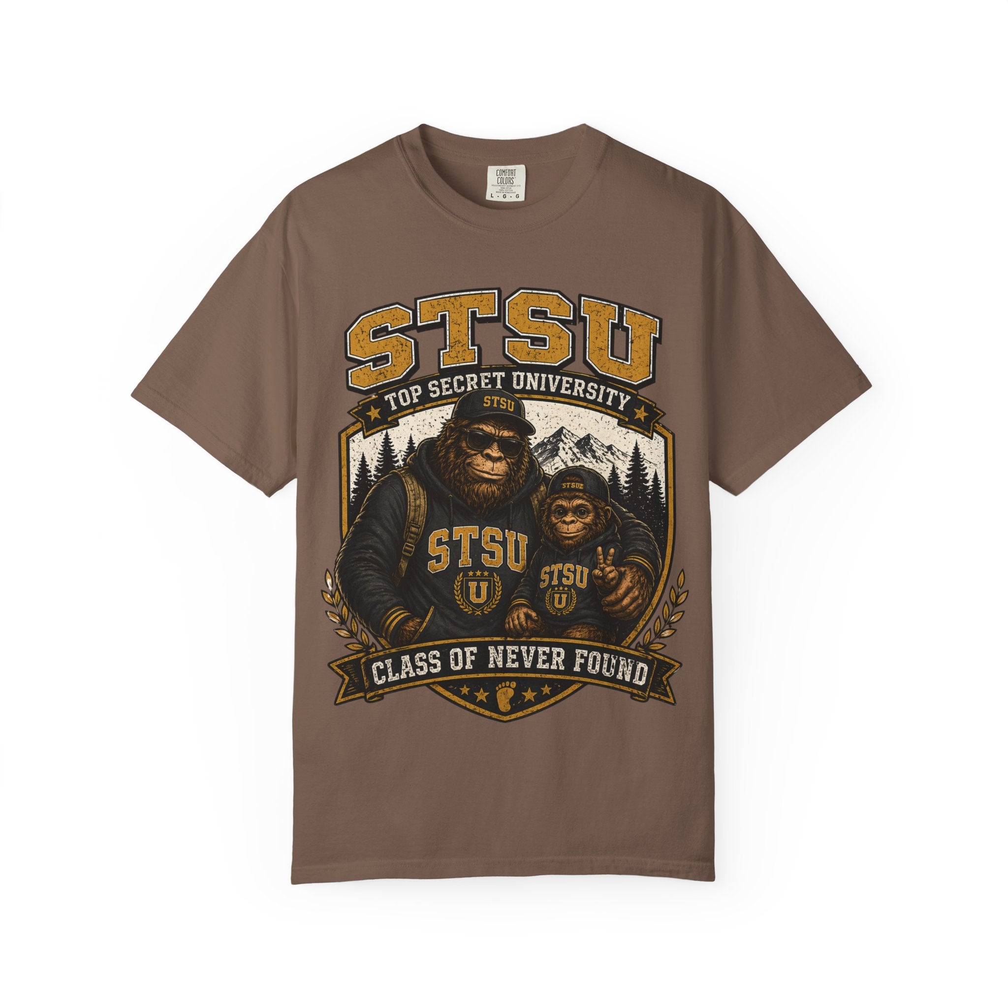 Bigfoot Sasquatch & son University  Shirt | Squatchitis Top Secret College Tee