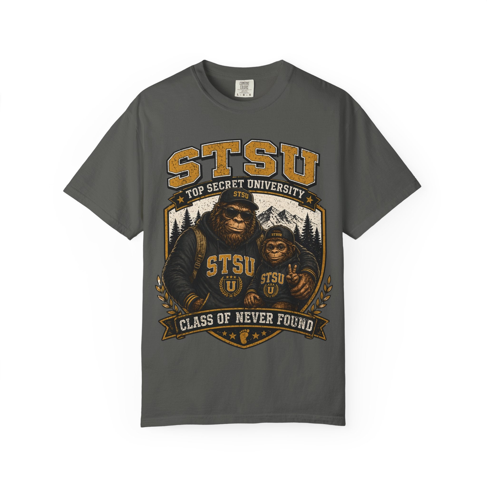 Bigfoot Sasquatch & son University  Shirt | Squatchitis Top Secret College Tee