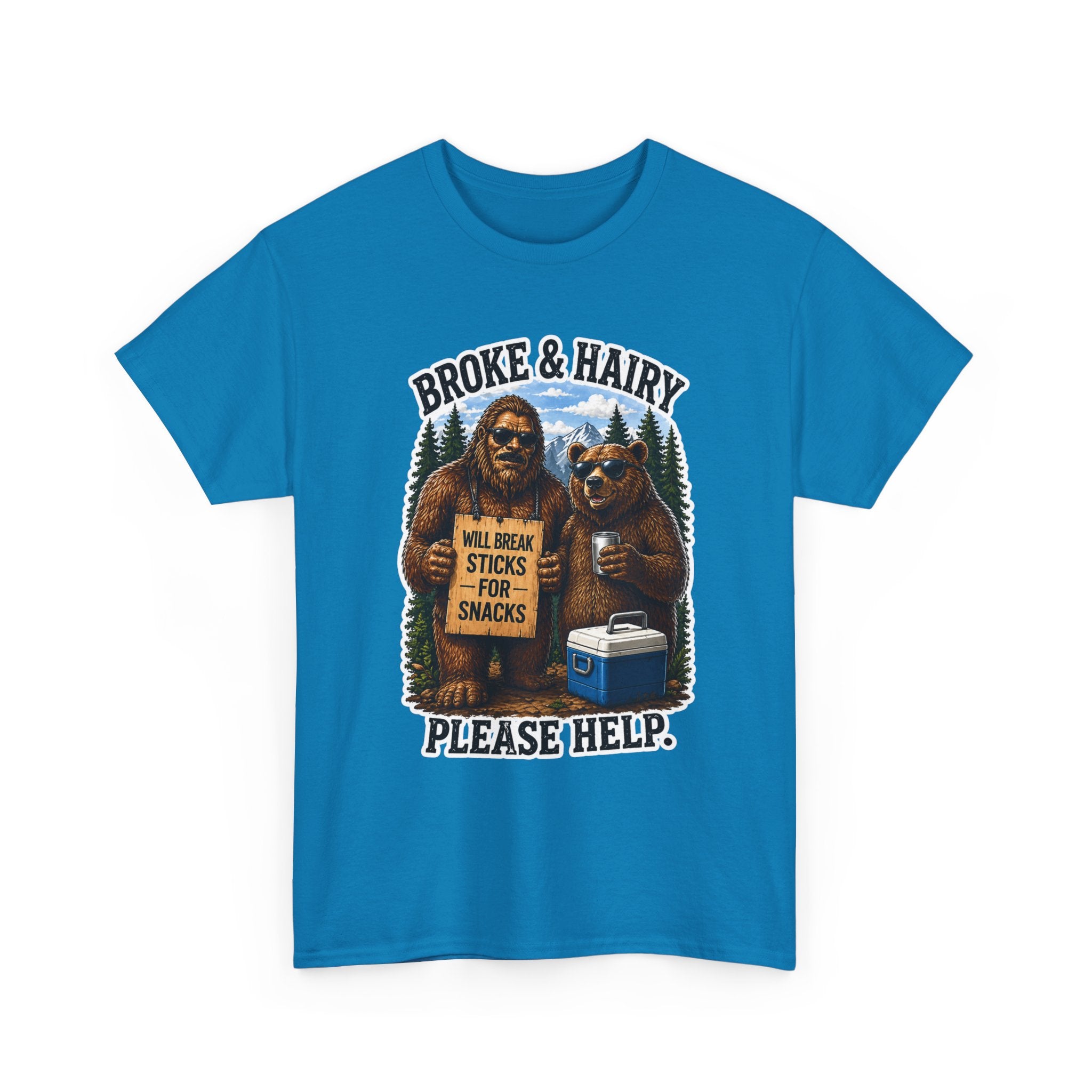 Broke and Harry Bigfoot and Bear Asking for Help T-Shirt | Cartoon Woodland Funny