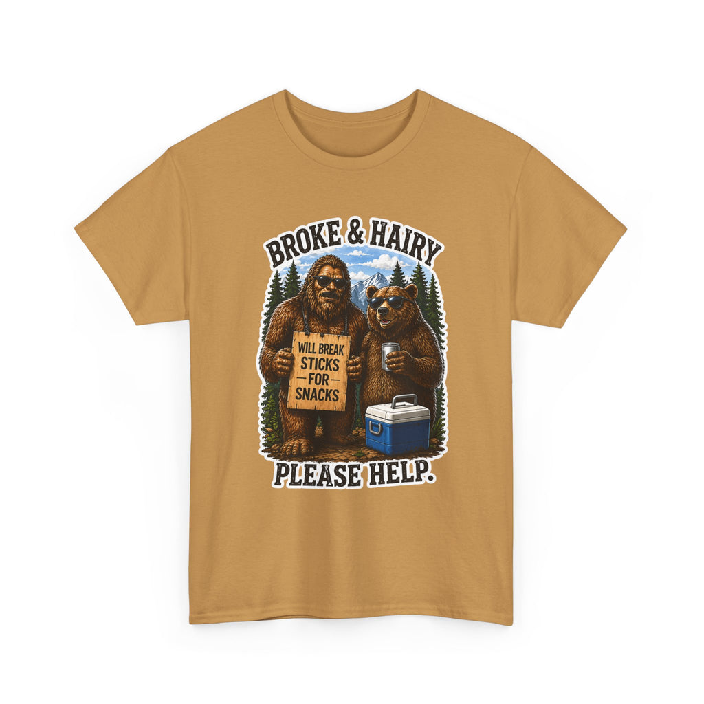 Broke and Harry Bigfoot and Bear Asking for Help T-Shirt | Cartoon Woodland Funny