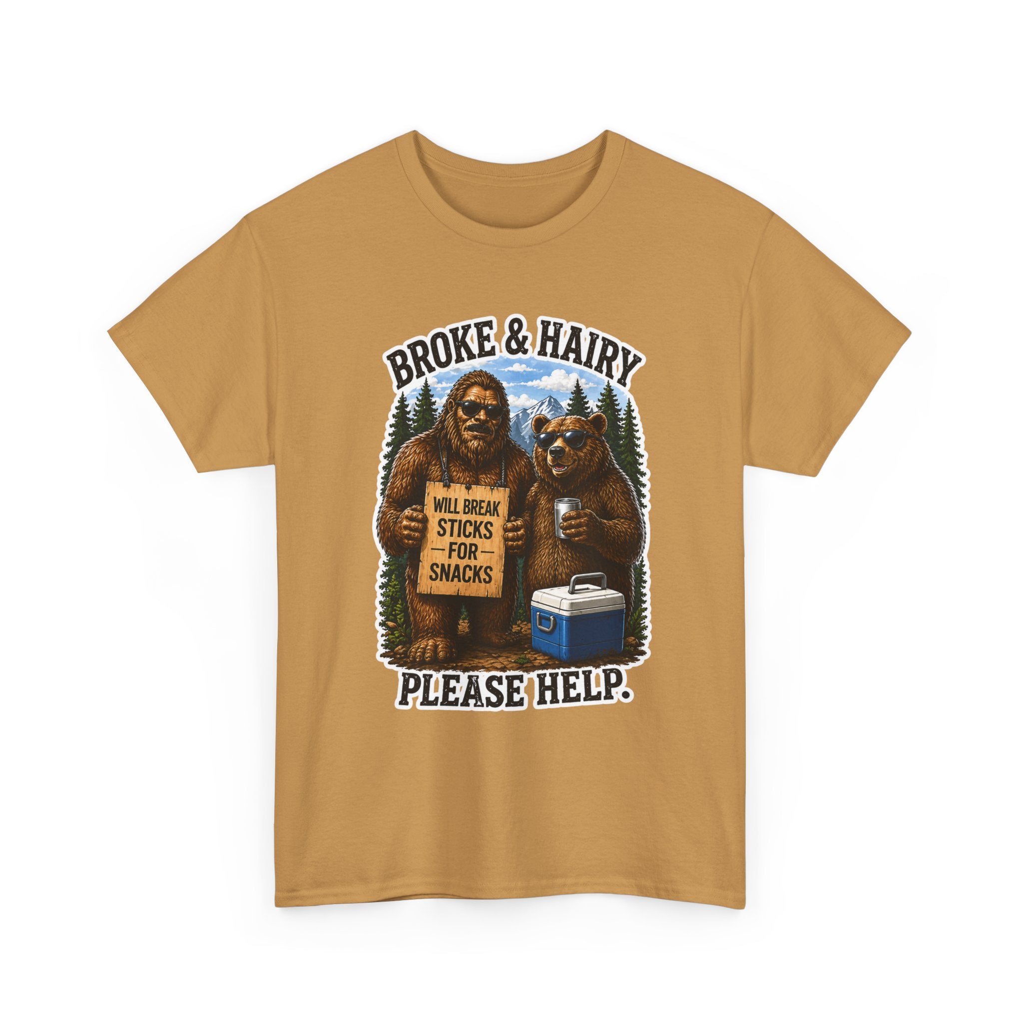 Broke and Harry Bigfoot and Bear Asking for Help T-Shirt | Cartoon Woodland Funny
