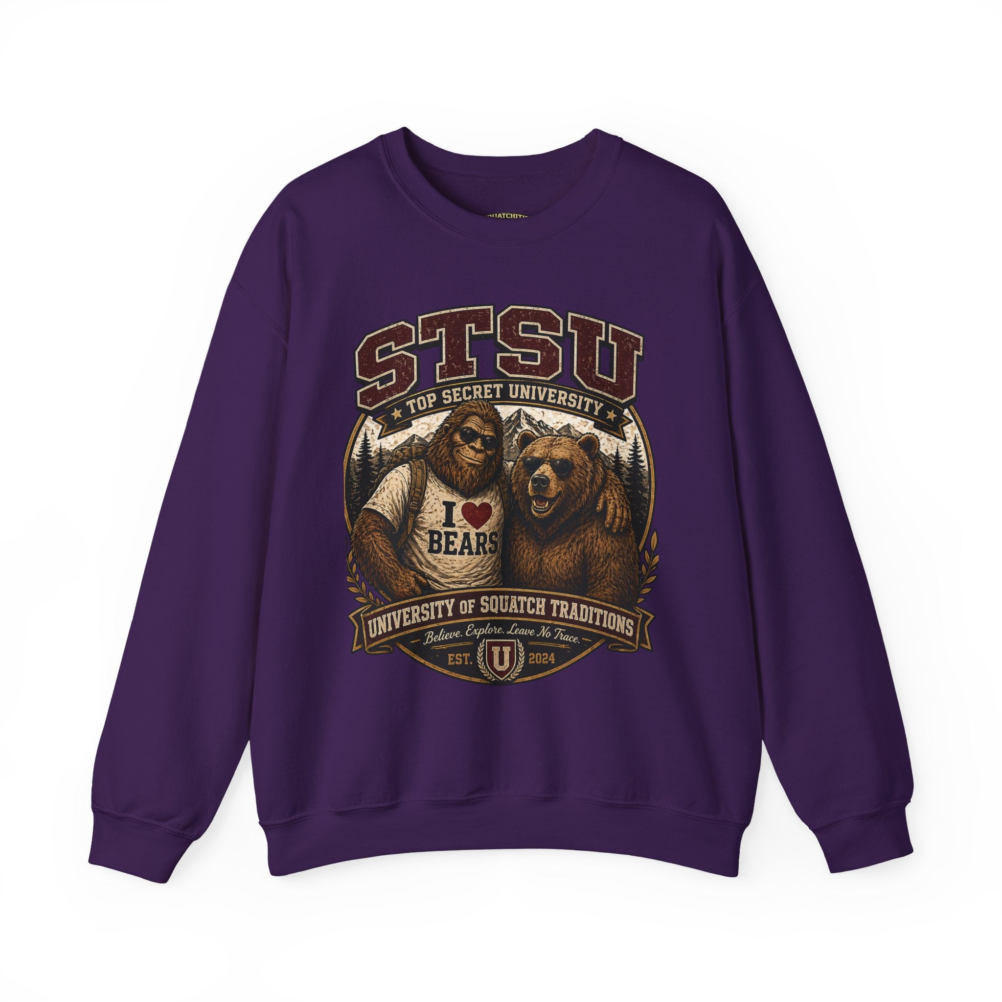 Squatchitis Top Secret University Bigfoot& Bear Crewneck Sweatshirt