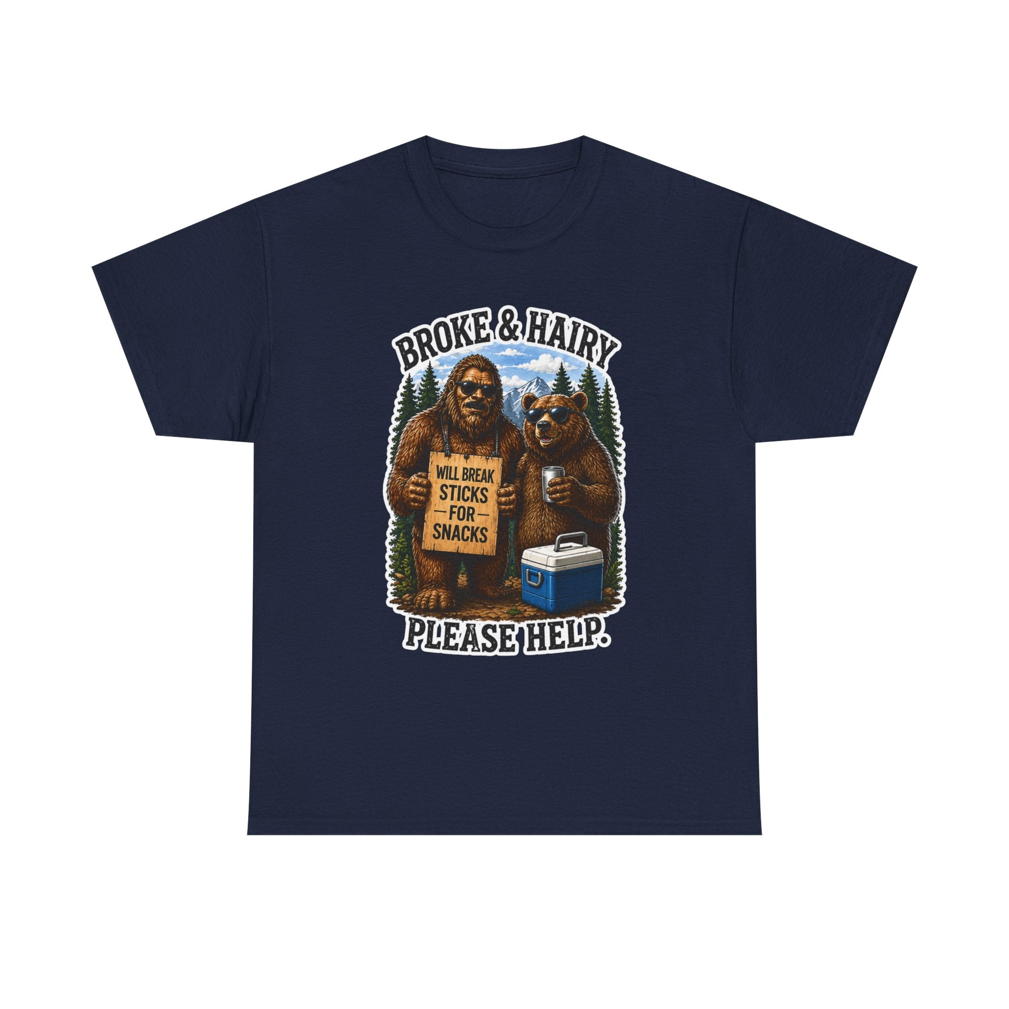 Broke and Harry Bigfoot and Bear Asking for Help T-Shirt | Cartoon Woodland Funny