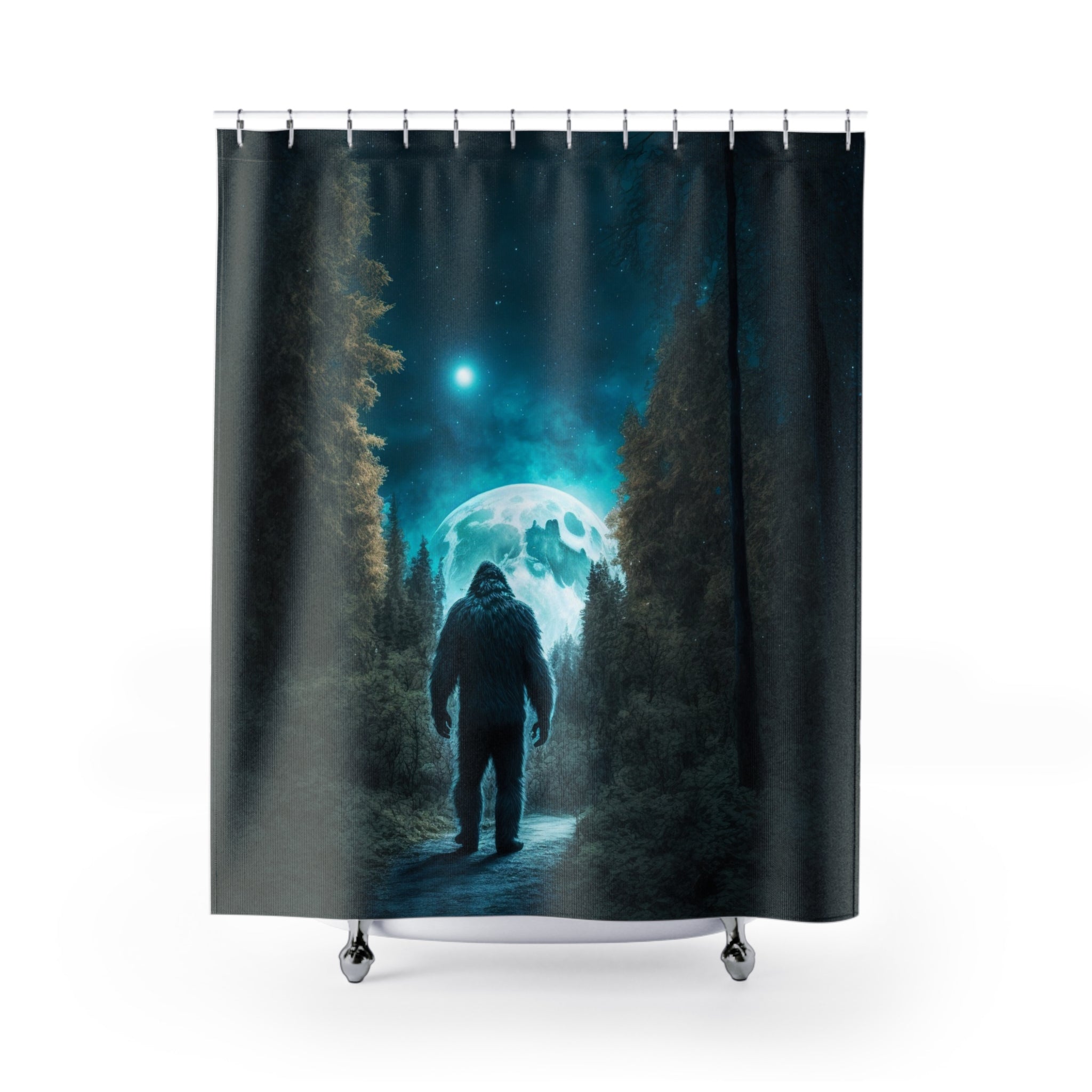 Bigfoot Glow Shower Curtain | Sasquatch Forest Night Scene
