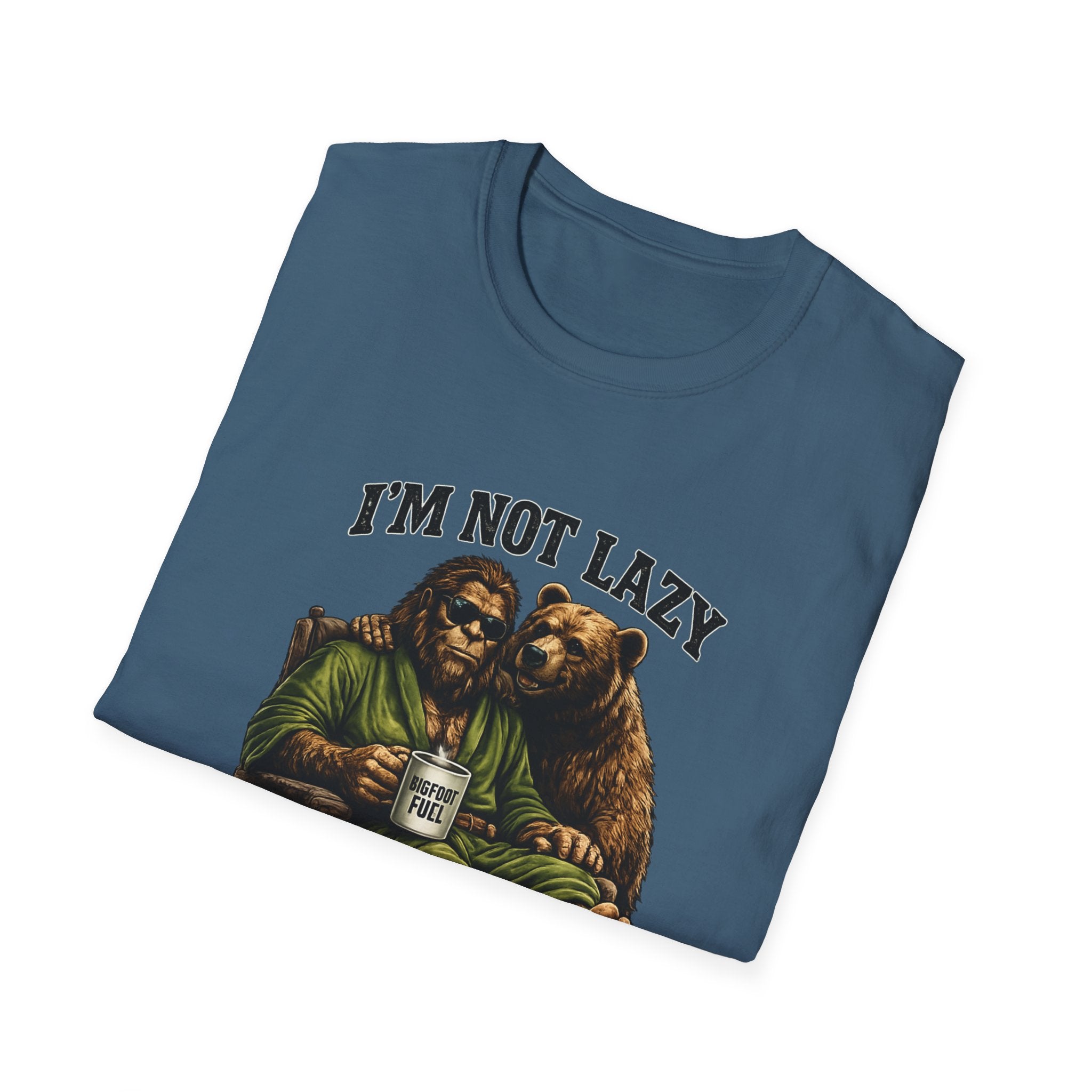 Squatch Mode Bigfoot with Coffee T-Shirt | Sasquatch Sitting with Bear Buddy