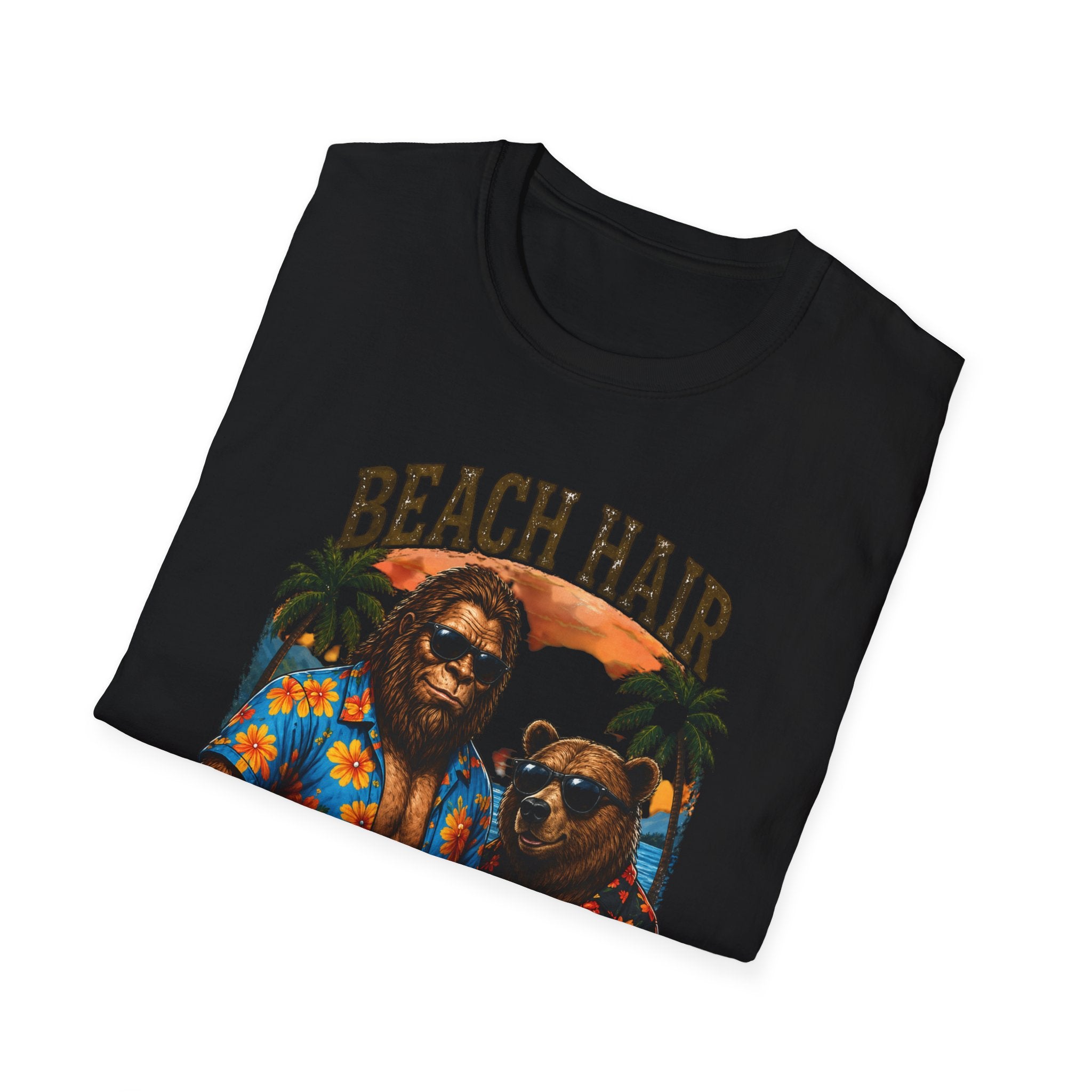 Bigfoot Beach Shirt T-Shirt — "Beach Hair Don't Care" with Hawaiian Bigfoot & Bear