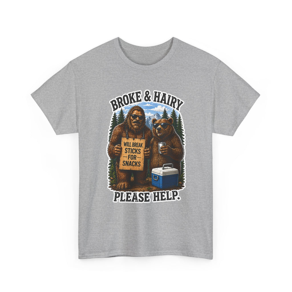 Broke and Harry Bigfoot and Bear Asking for Help T-Shirt | Cartoon Woodland Funny