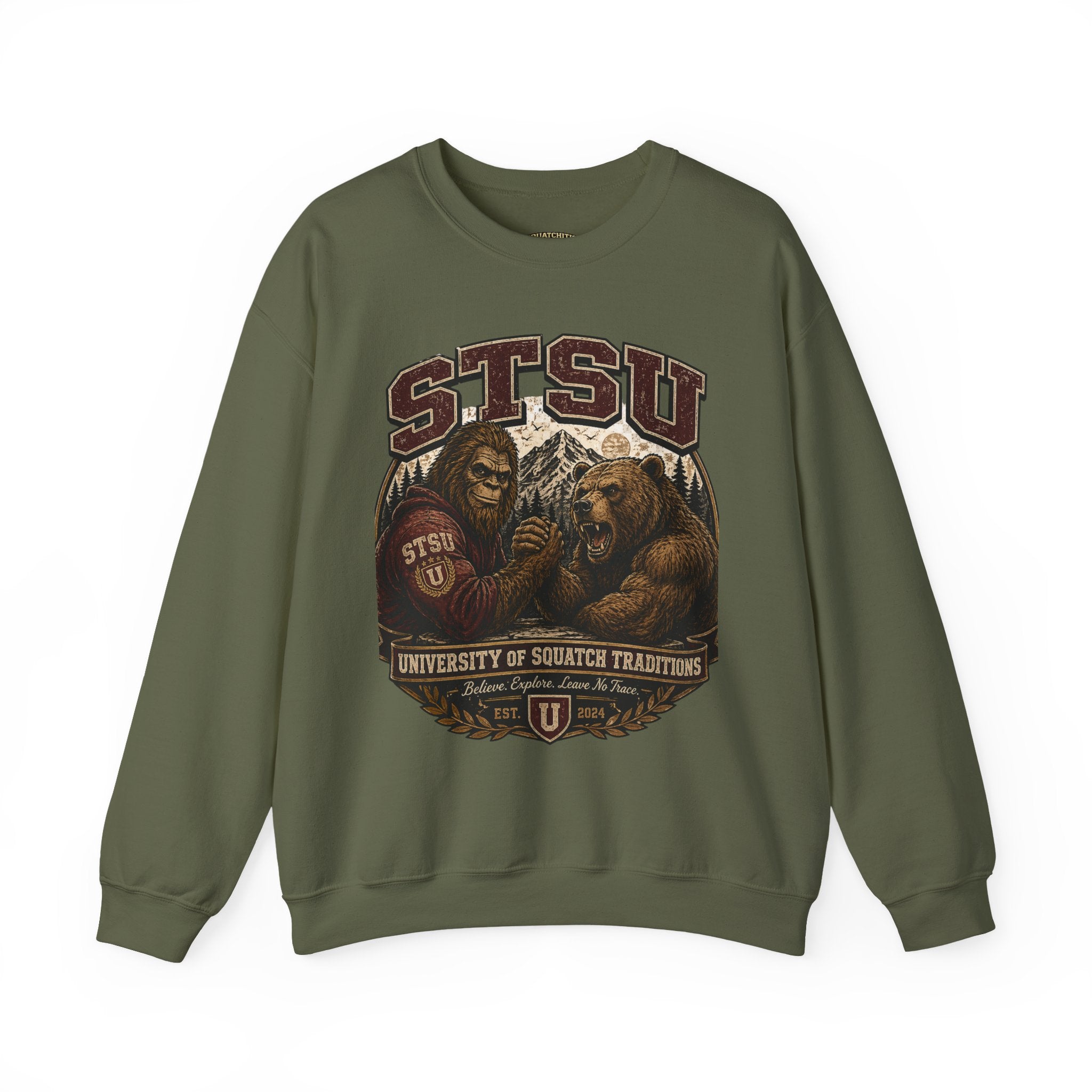 Squatchitis Top Secret University Bigfoot & Bear Crewneck Sweatshirt