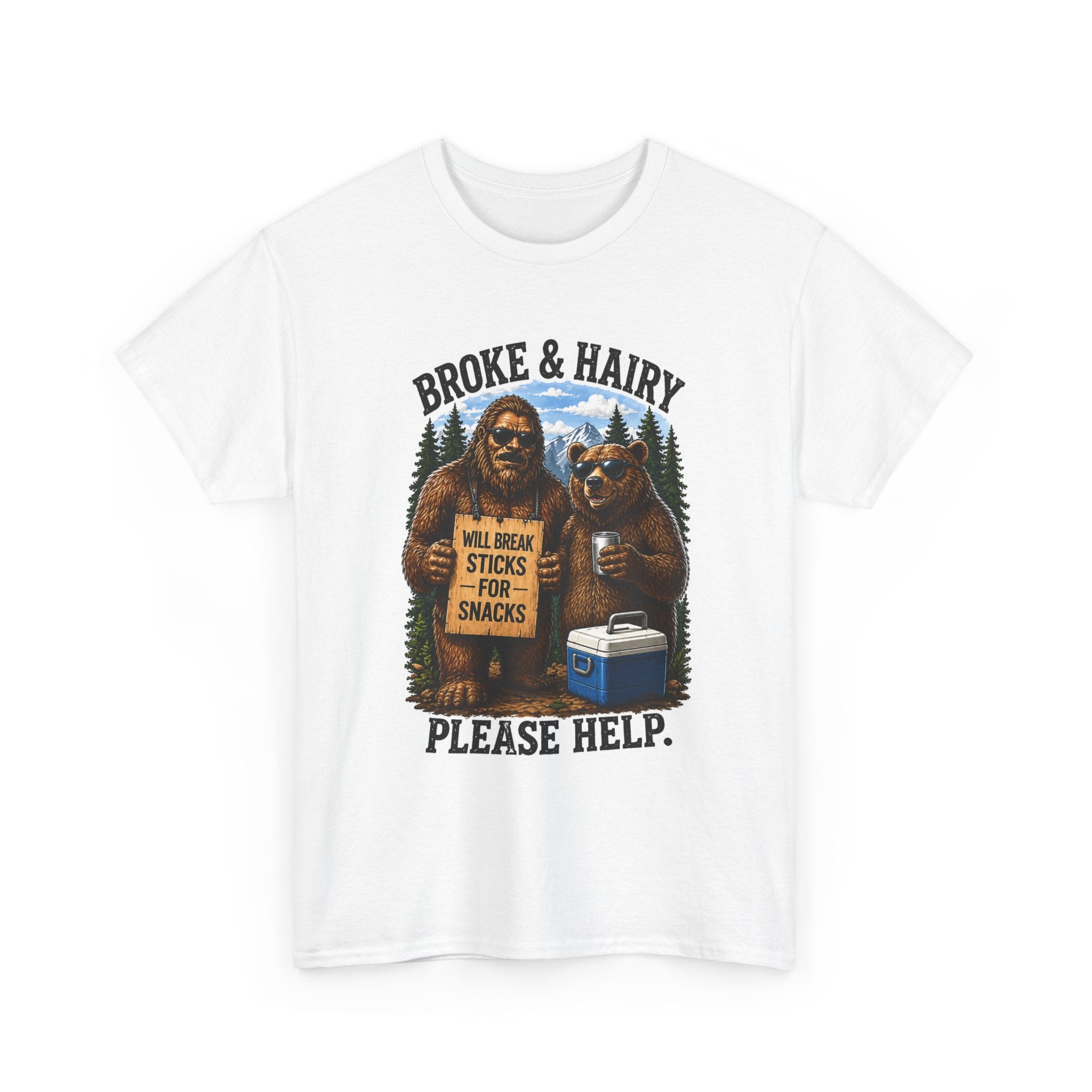 Broke and Harry Bigfoot and Bear Asking for Help T-Shirt | Cartoon Woodland Funny