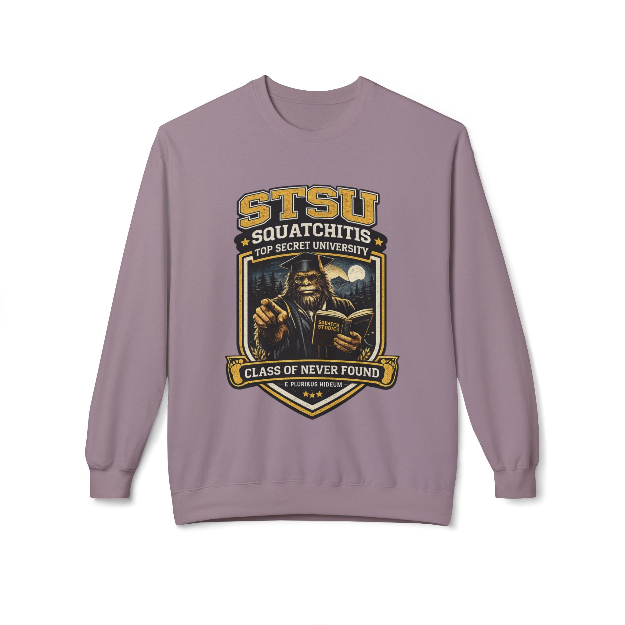 Squatchitis University Bigfoot in Cap and Gown Sweatshirt