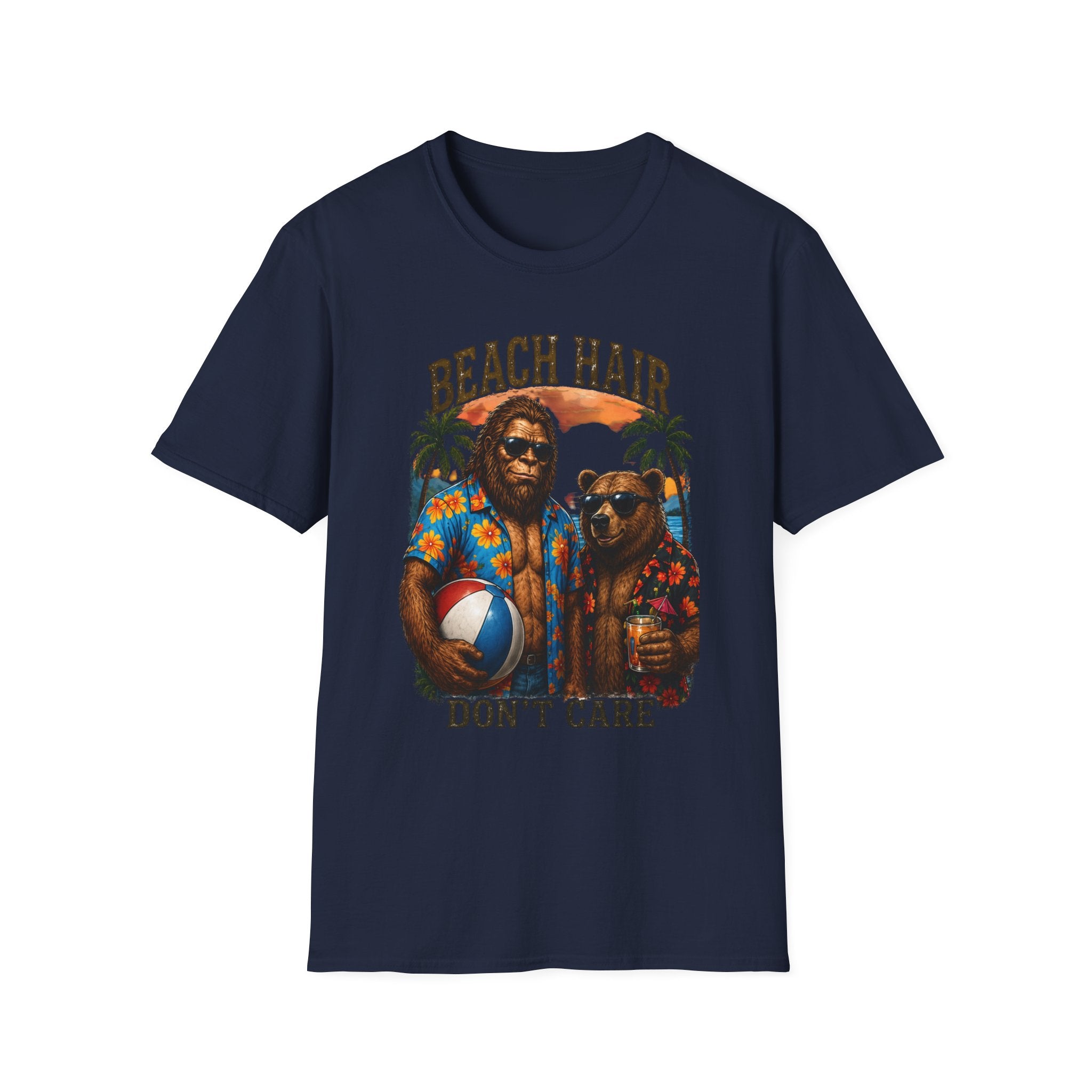 Bigfoot Beach Shirt T-Shirt — "Beach Hair Don't Care" with Hawaiian Bigfoot & Bear