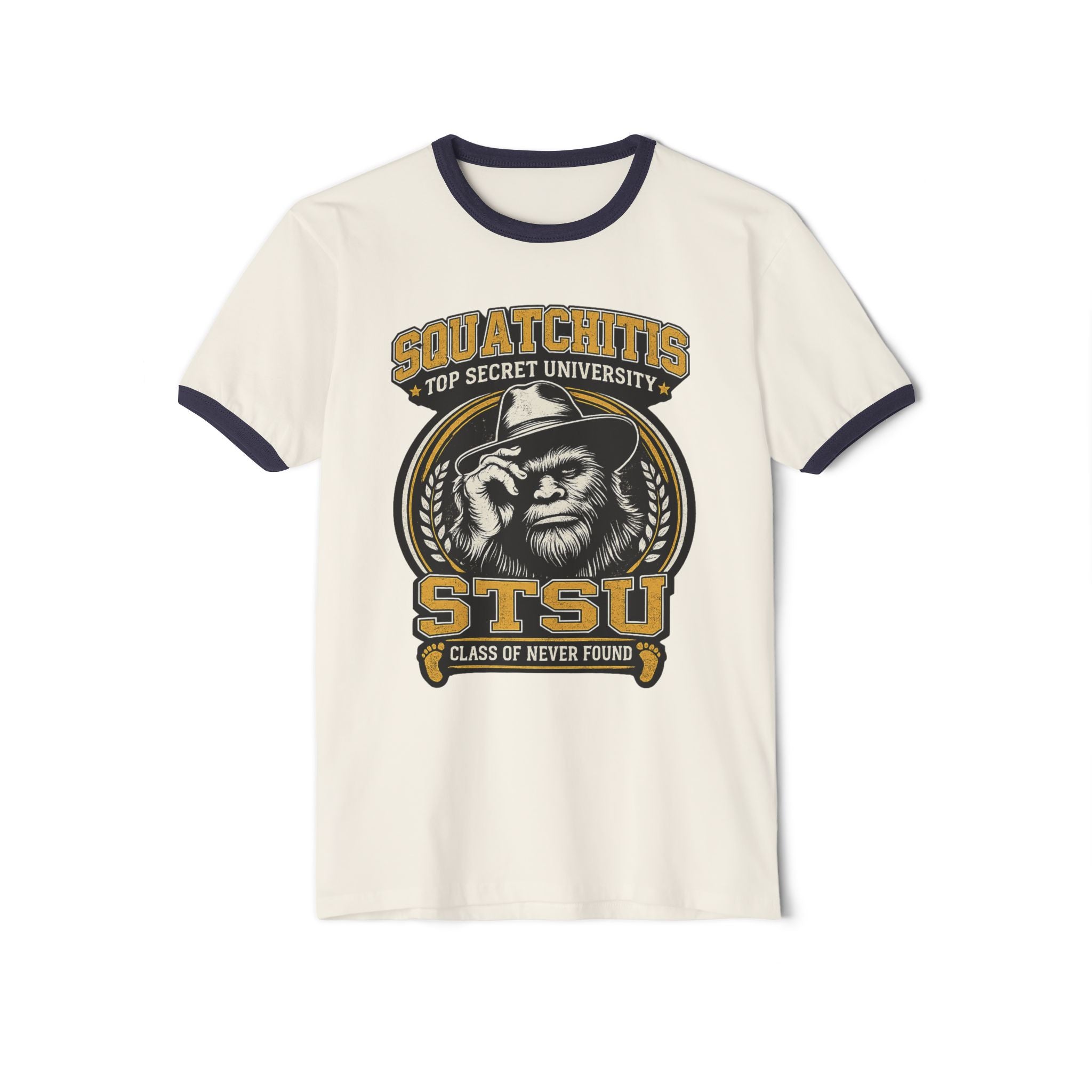 Squatchitis University Ringer T-Shirt | Bigfoot College Logo Tee