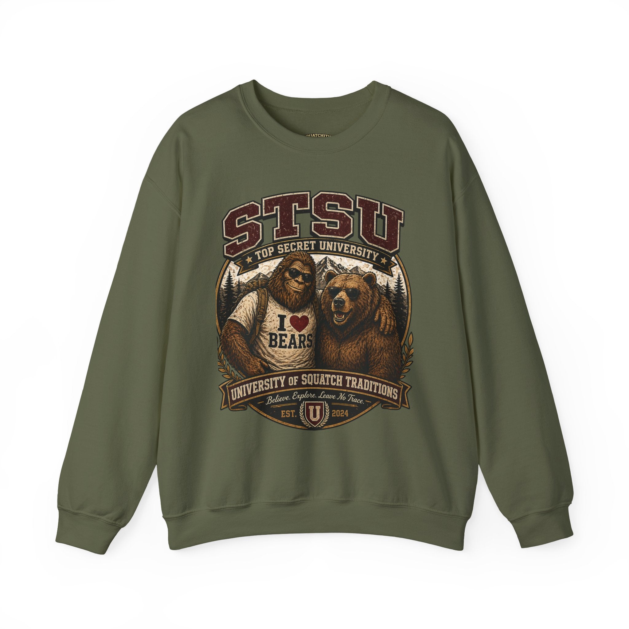 Squatchitis Top Secret University Bigfoot& Bear Crewneck Sweatshirt