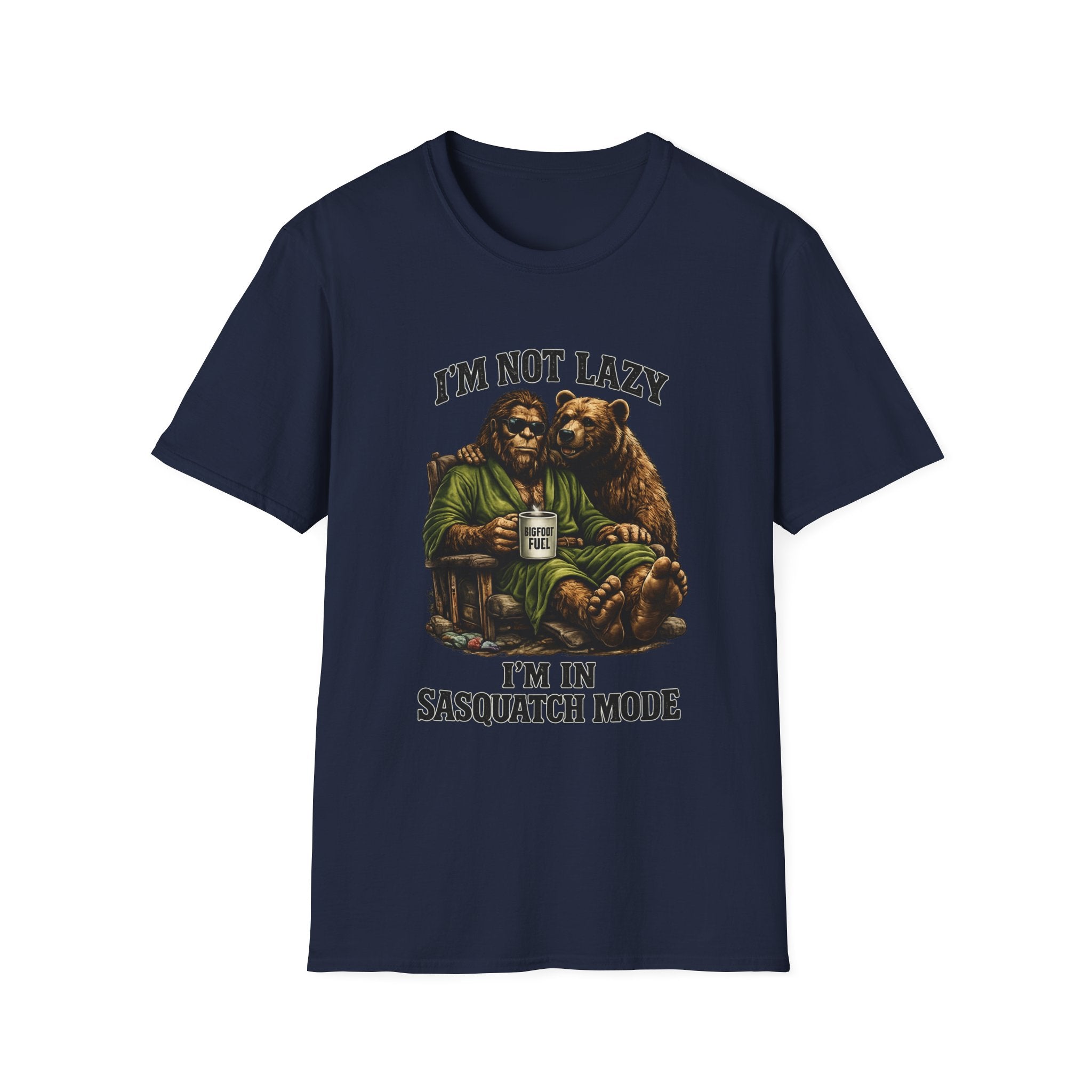Squatch Mode Bigfoot with Coffee T-Shirt | Sasquatch Sitting with Bear Buddy