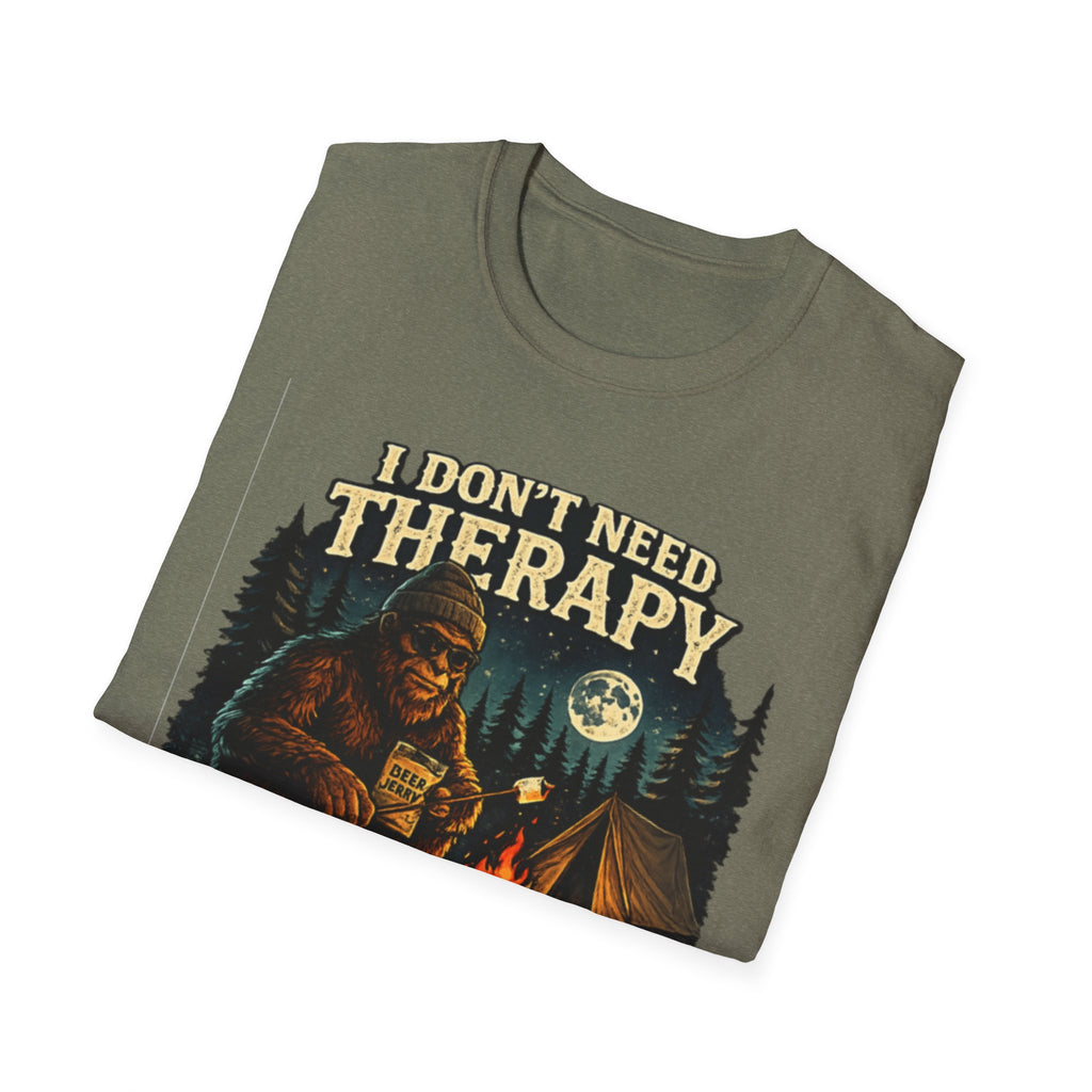 Bigfoot Camping T-Shirt — "I Don't Need Therapy, I Just Need to Go Camping"