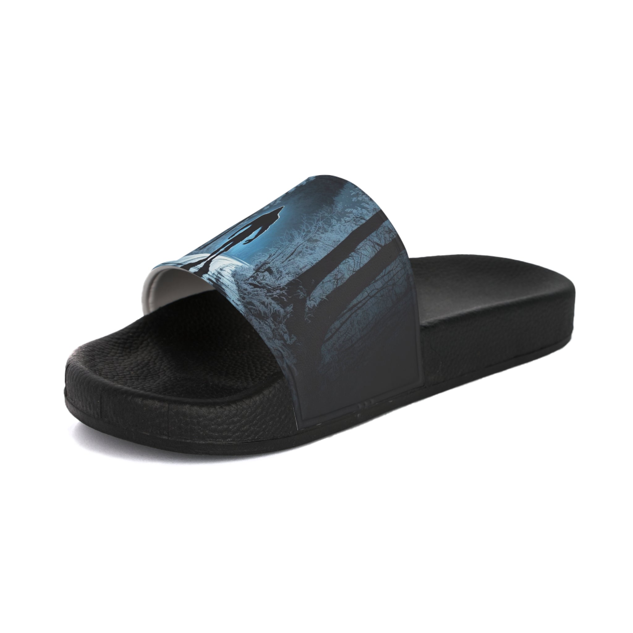 Bigfoot Moonlight Walk Men's Slide Sandals | Sasquatch Woodland Silhouette