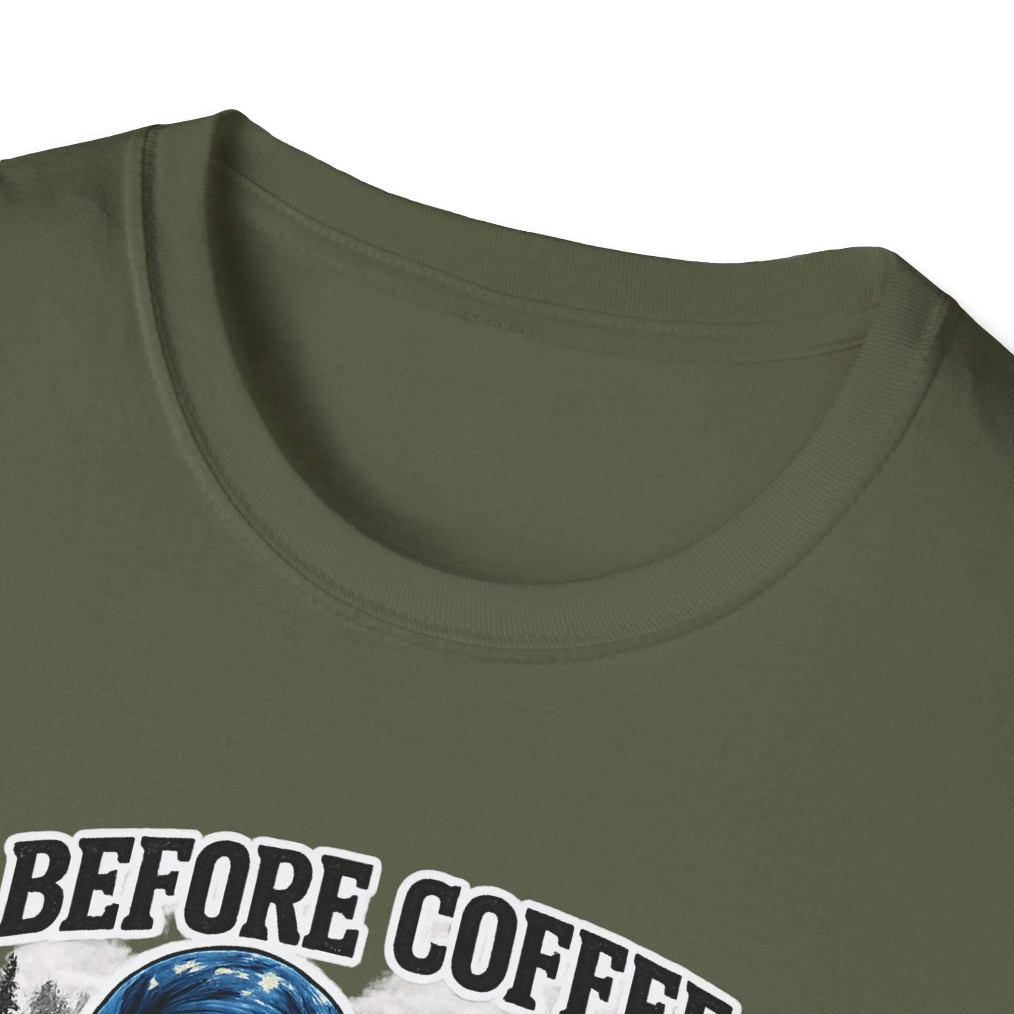 Bigfoot Holding Coffee T-Shirt — "Before Coffee We Are All Humans"
