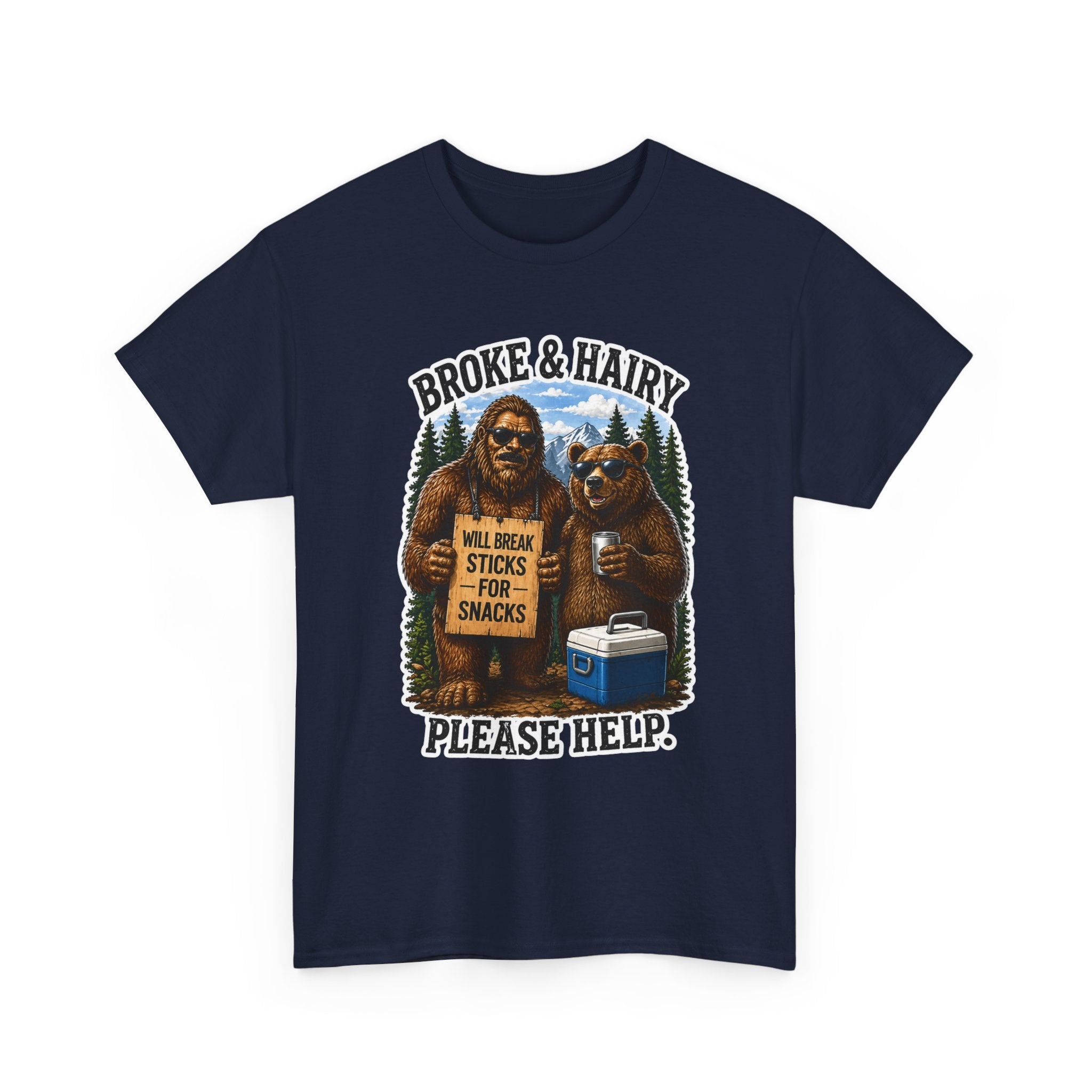 Broke and Harry Bigfoot and Bear Asking for Help T-Shirt | Cartoon Woodland Funny