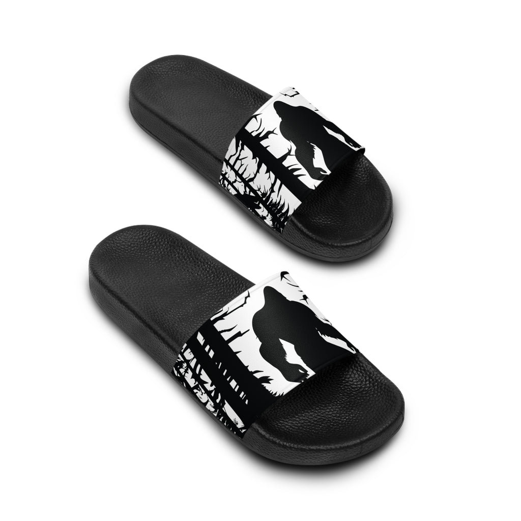 Bigfoot in the Woods Slide Sandals | Black and White Sasquatch Design