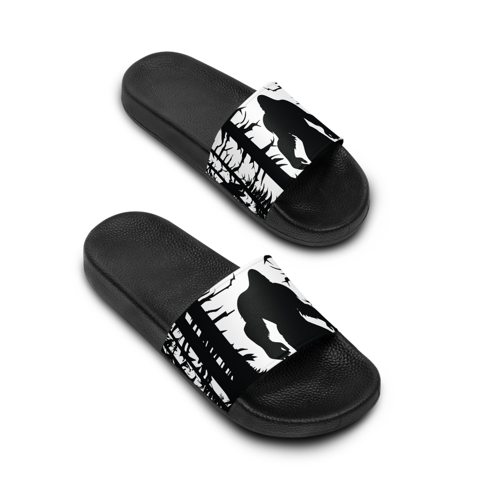 Bigfoot in the Woods Slide Sandals | Black and White Sasquatch Design