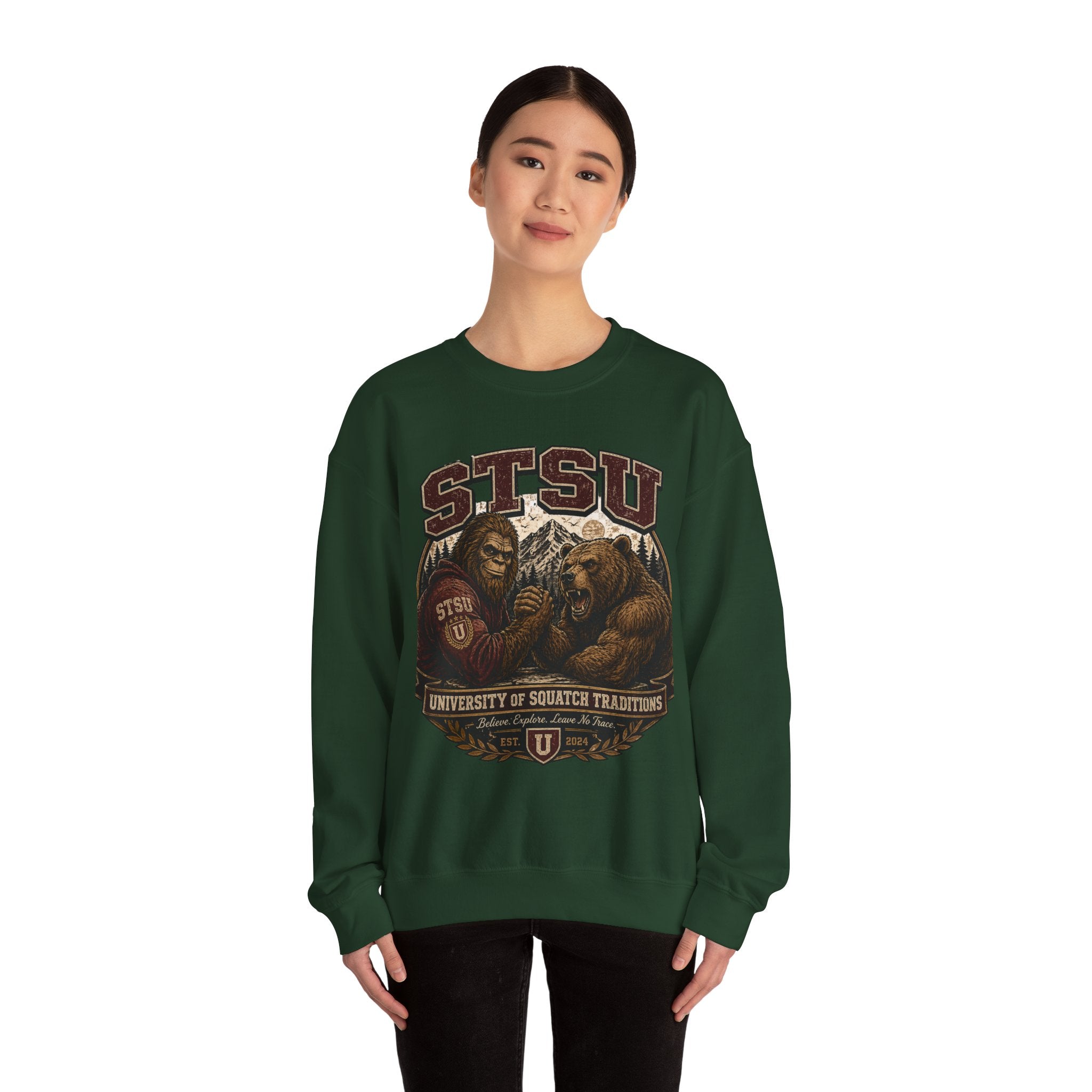 Squatchitis Top Secret University Bigfoot & Bear Crewneck Sweatshirt